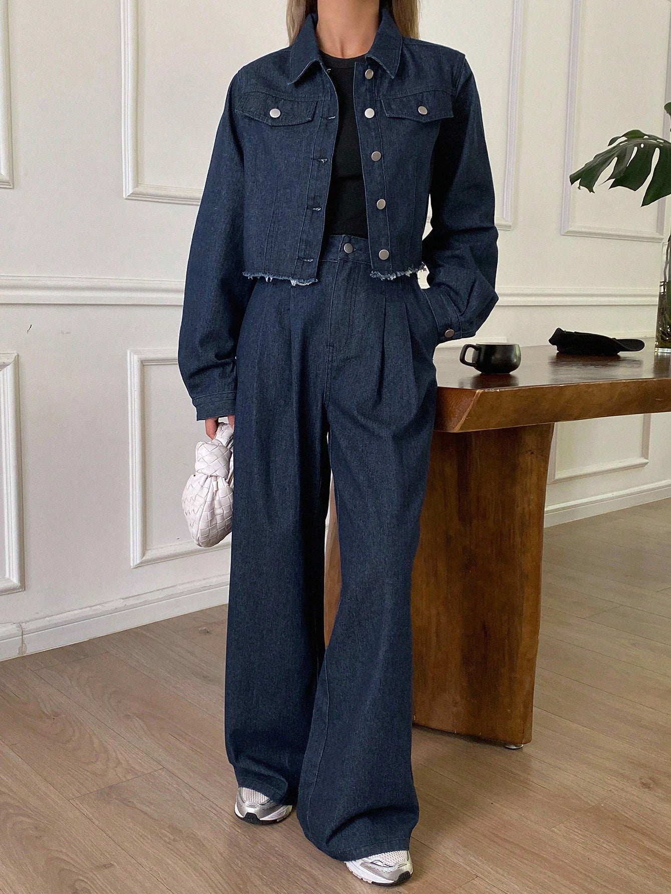 CM-SS753733 Women Casual Seoul Style Solid Color Fitted Short Sleeve Collared Shirt With Denim Wide Leg Pants - Set