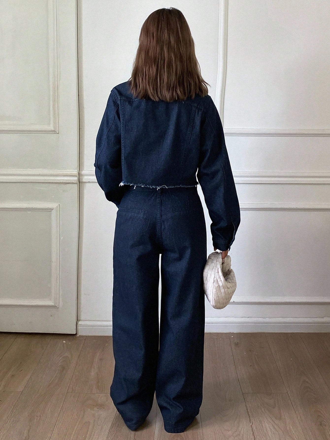 CM-SS753733 Women Casual Seoul Style Solid Color Fitted Short Sleeve Collared Shirt With Denim Wide Leg Pants - Set
