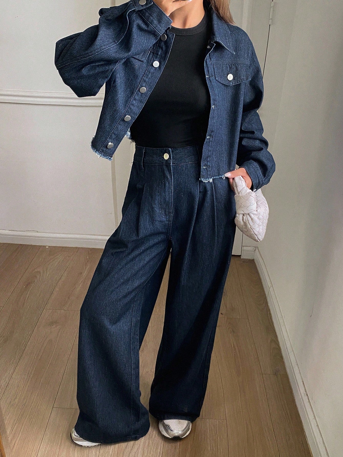 CM-SS753733 Women Casual Seoul Style Solid Color Fitted Short Sleeve Collared Shirt With Denim Wide Leg Pants - Set