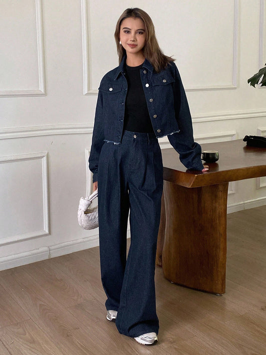 CM-SS753733 Women Casual Seoul Style Solid Color Fitted Short Sleeve Collared Shirt With Denim Wide Leg Pants - Set