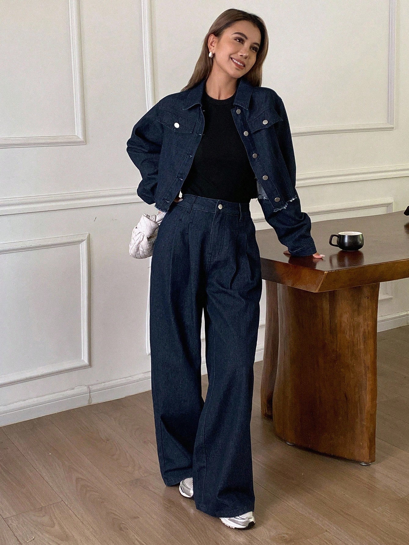 CM-SS753733 Women Casual Seoul Style Solid Color Fitted Short Sleeve Collared Shirt With Denim Wide Leg Pants - Set