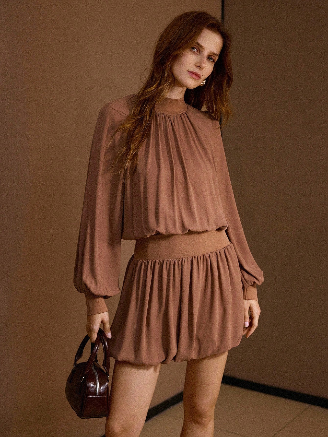 CM-DS023237 Women Elegant Seoul Style Stand Collar Bishop Sleeve Gathered Puffball Hem Dress - Brown