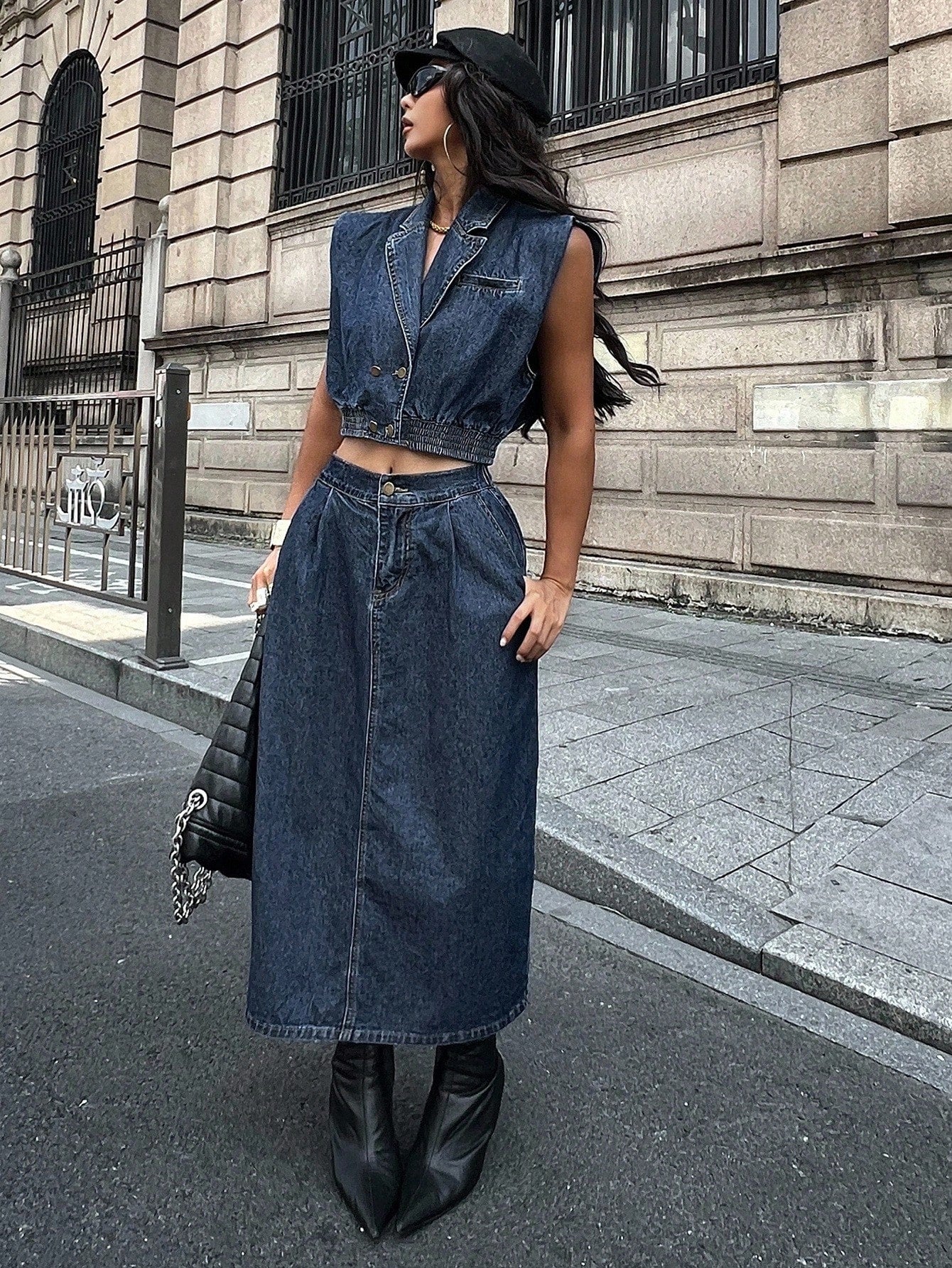 CM-SS890812 Women Elegant Seoul Style Lapel Neckline Sleveless Crop Denim Vest With Slit Skirt - Set