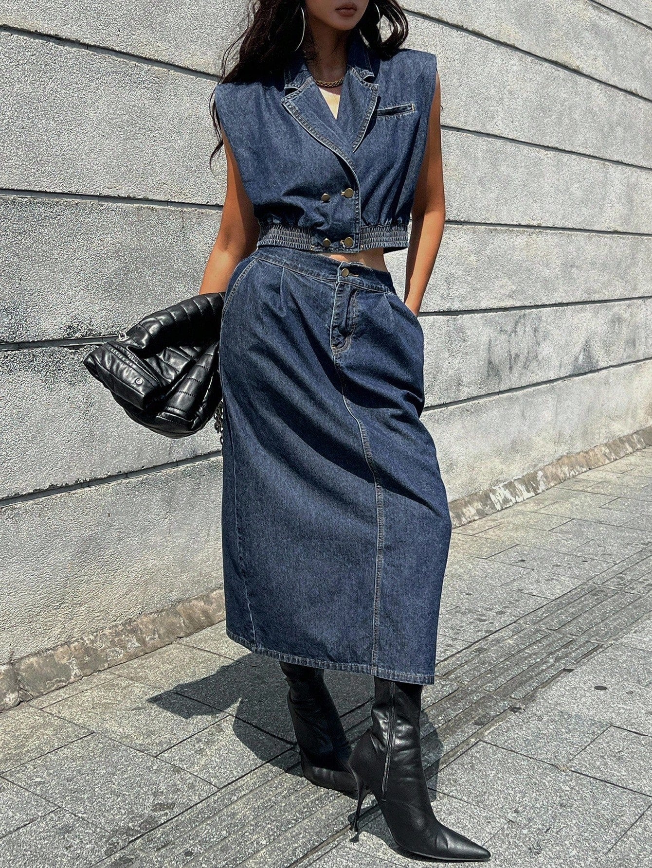 CM-SS890812 Women Elegant Seoul Style Lapel Neckline Sleveless Crop Denim Vest With Slit Skirt - Set