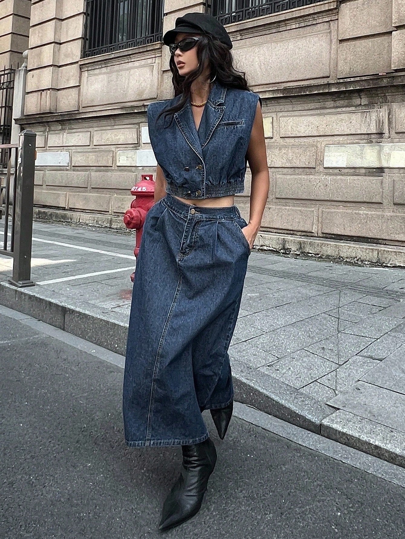 CM-SS890812 Women Elegant Seoul Style Lapel Neckline Sleveless Crop Denim Vest With Slit Skirt - Set