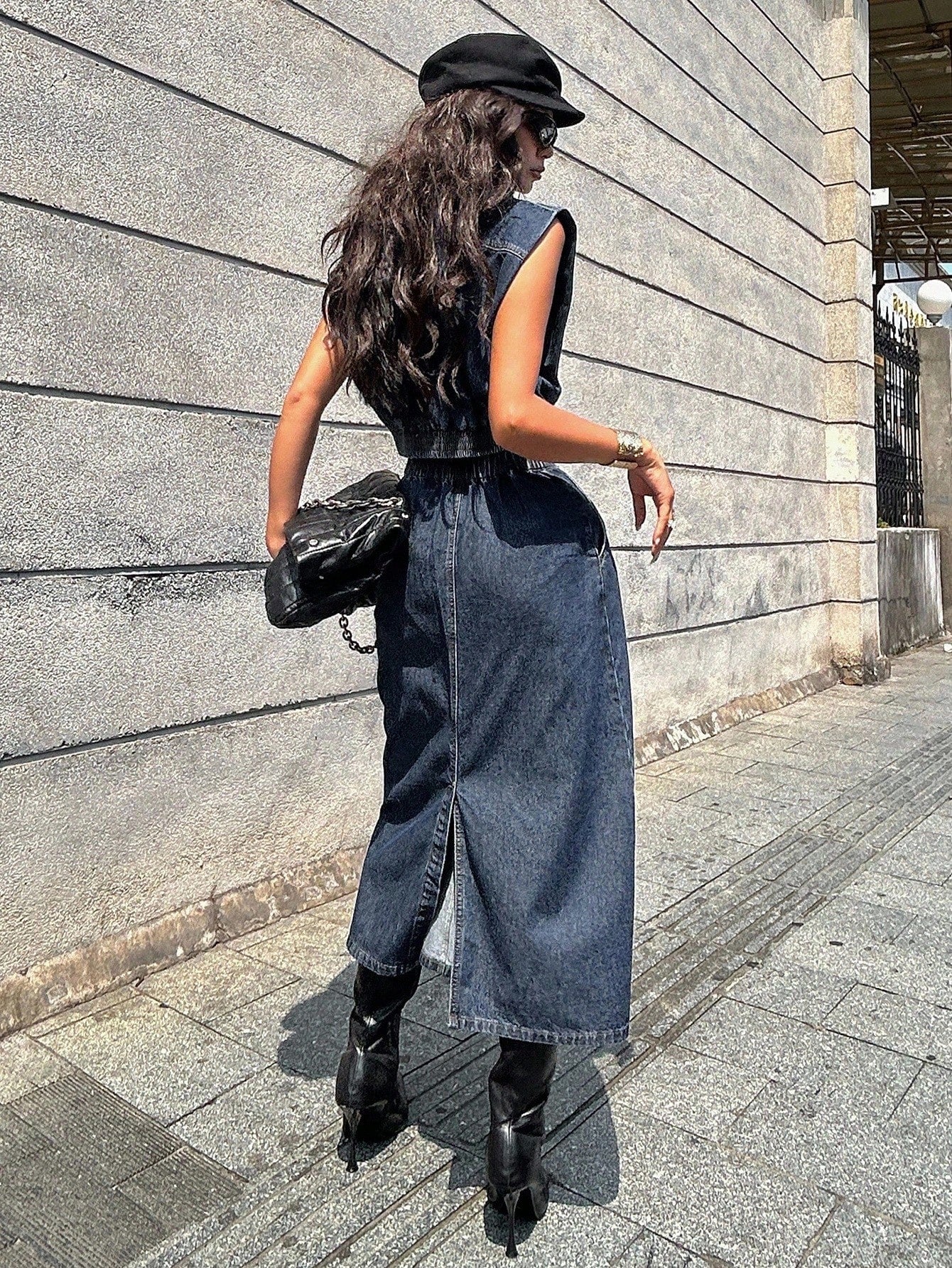 CM-SS890812 Women Elegant Seoul Style Lapel Neckline Sleveless Crop Denim Vest With Slit Skirt - Set
