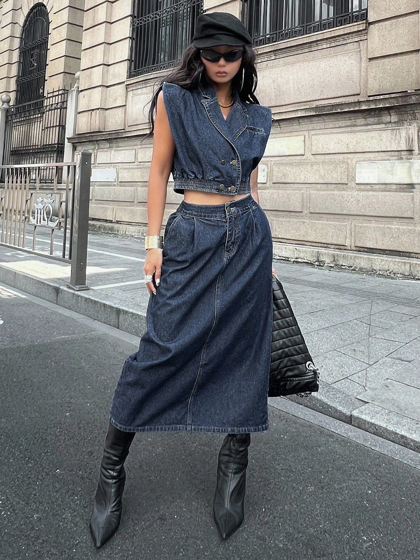 CM-SS890812 Women Elegant Seoul Style Lapel Neckline Sleveless Crop Denim Vest With Slit Skirt - Set