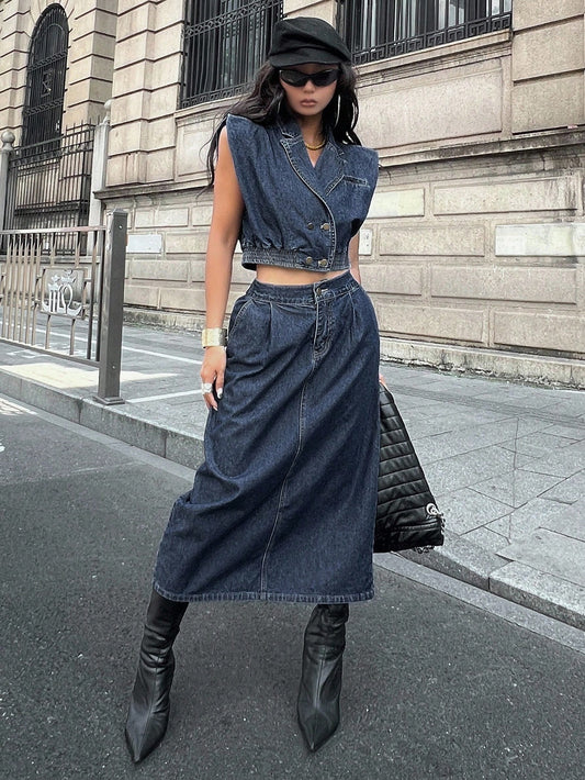 CM-SS890812 Women Elegant Seoul Style Lapel Neckline Sleveless Crop Denim Vest With Slit Skirt - Set