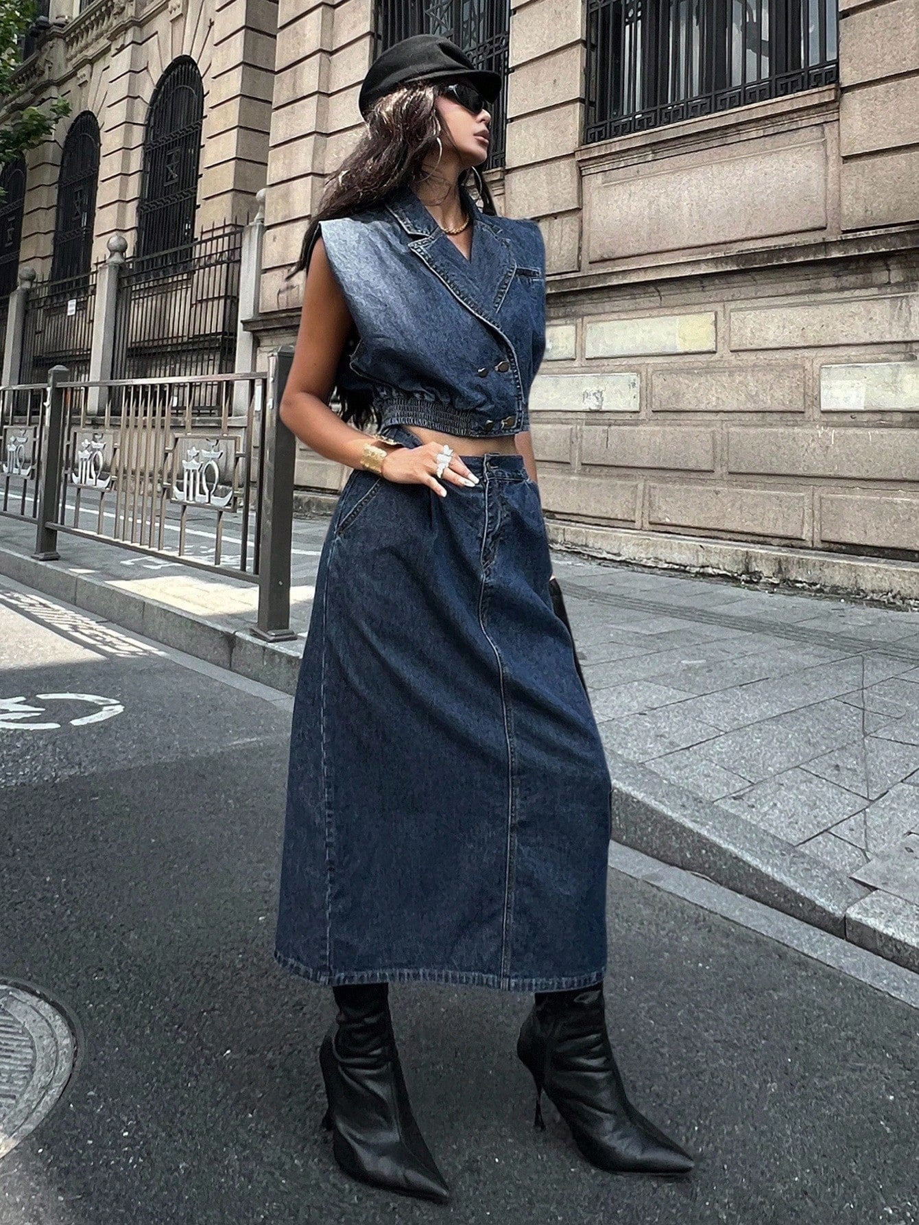 CM-SS890812 Women Elegant Seoul Style Lapel Neckline Sleveless Crop Denim Vest With Slit Skirt - Set