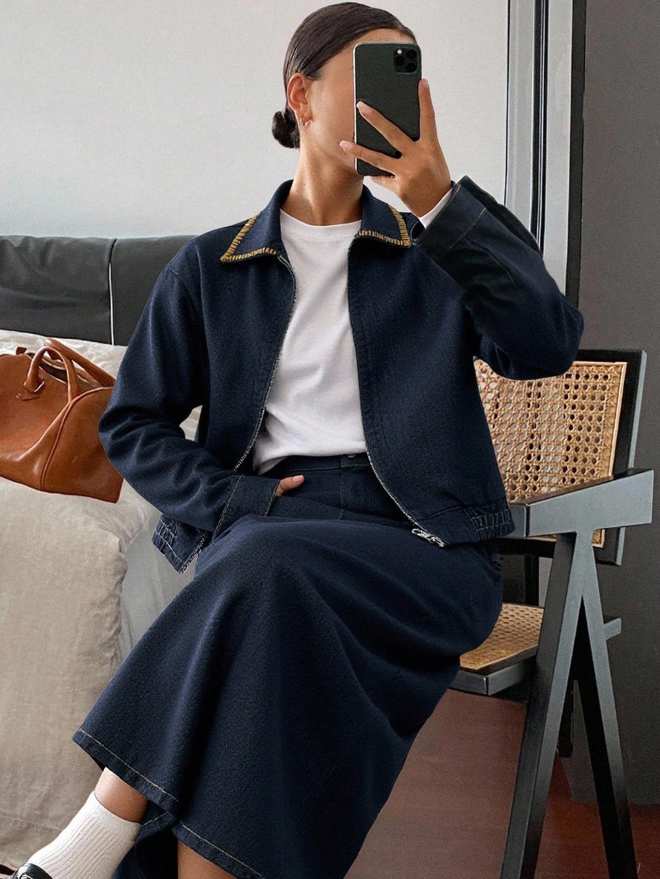CM-SS509597 Women Elegant Seoul Style Collar Neckline Long Sleeve Colorblock Denim Jacket With Frayed Hem Skirt - Set