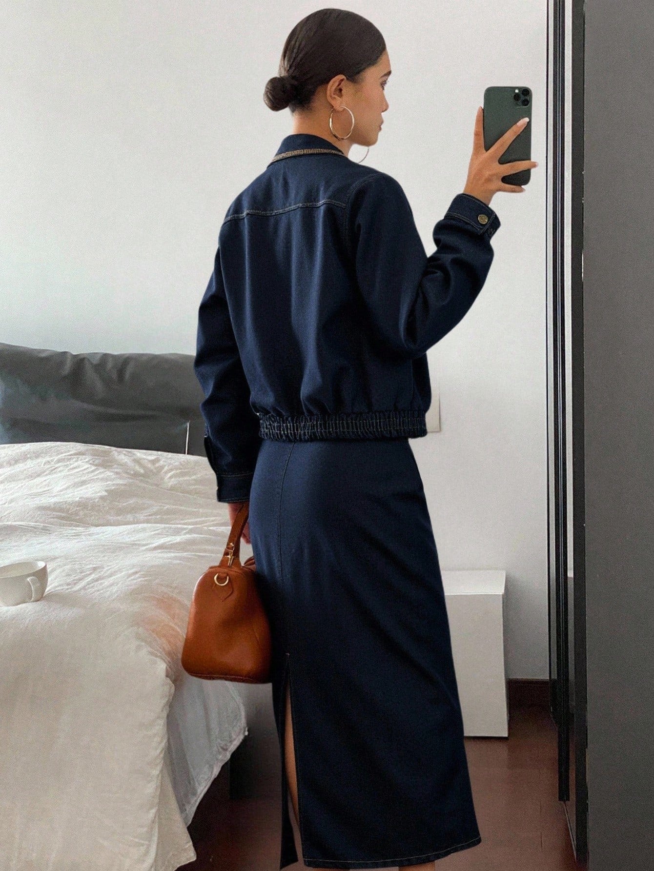 CM-SS509597 Women Elegant Seoul Style Collar Neckline Long Sleeve Colorblock Denim Jacket With Frayed Hem Skirt - Set