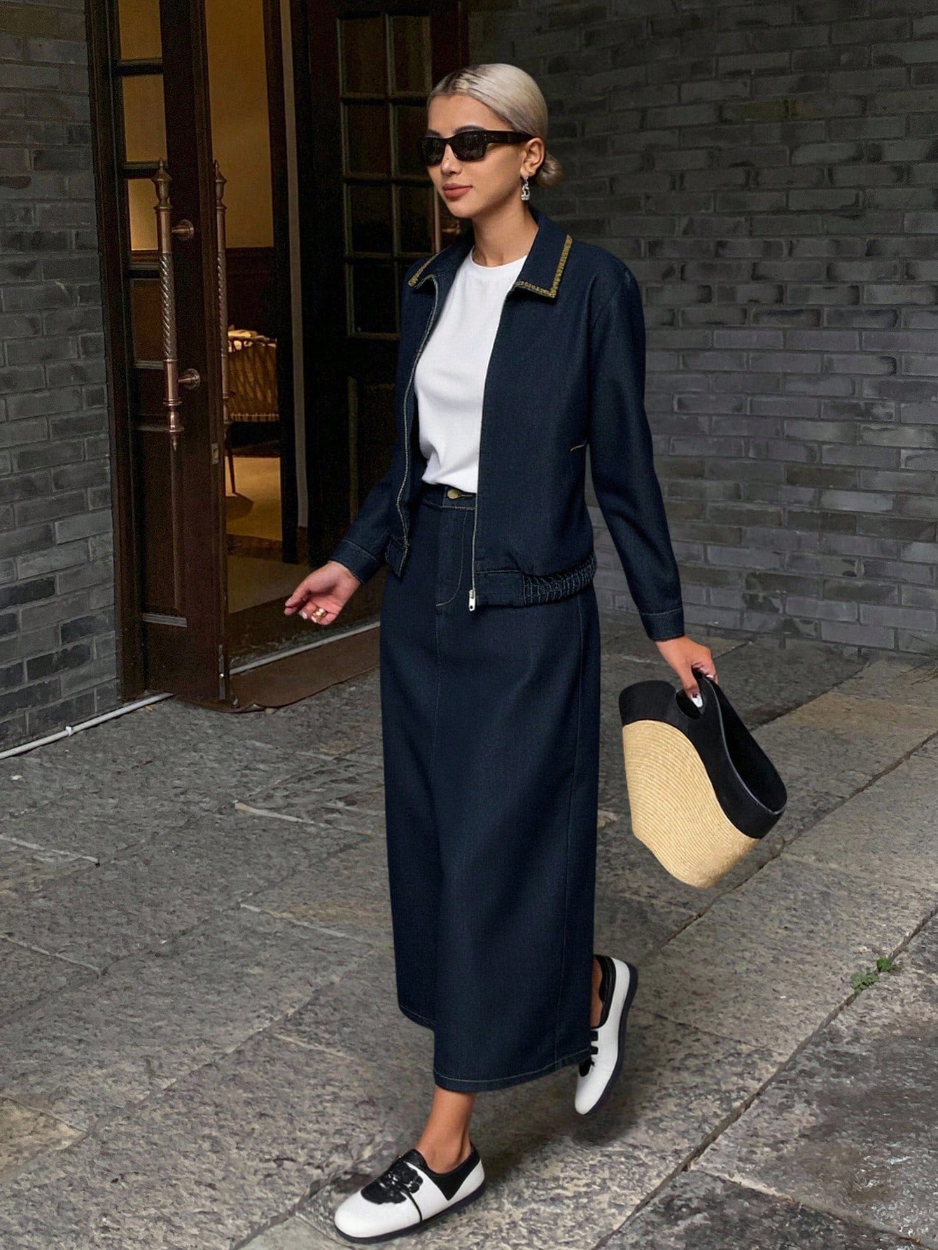 CM-SS509597 Women Elegant Seoul Style Collar Neckline Long Sleeve Colorblock Denim Jacket With Frayed Hem Skirt - Set