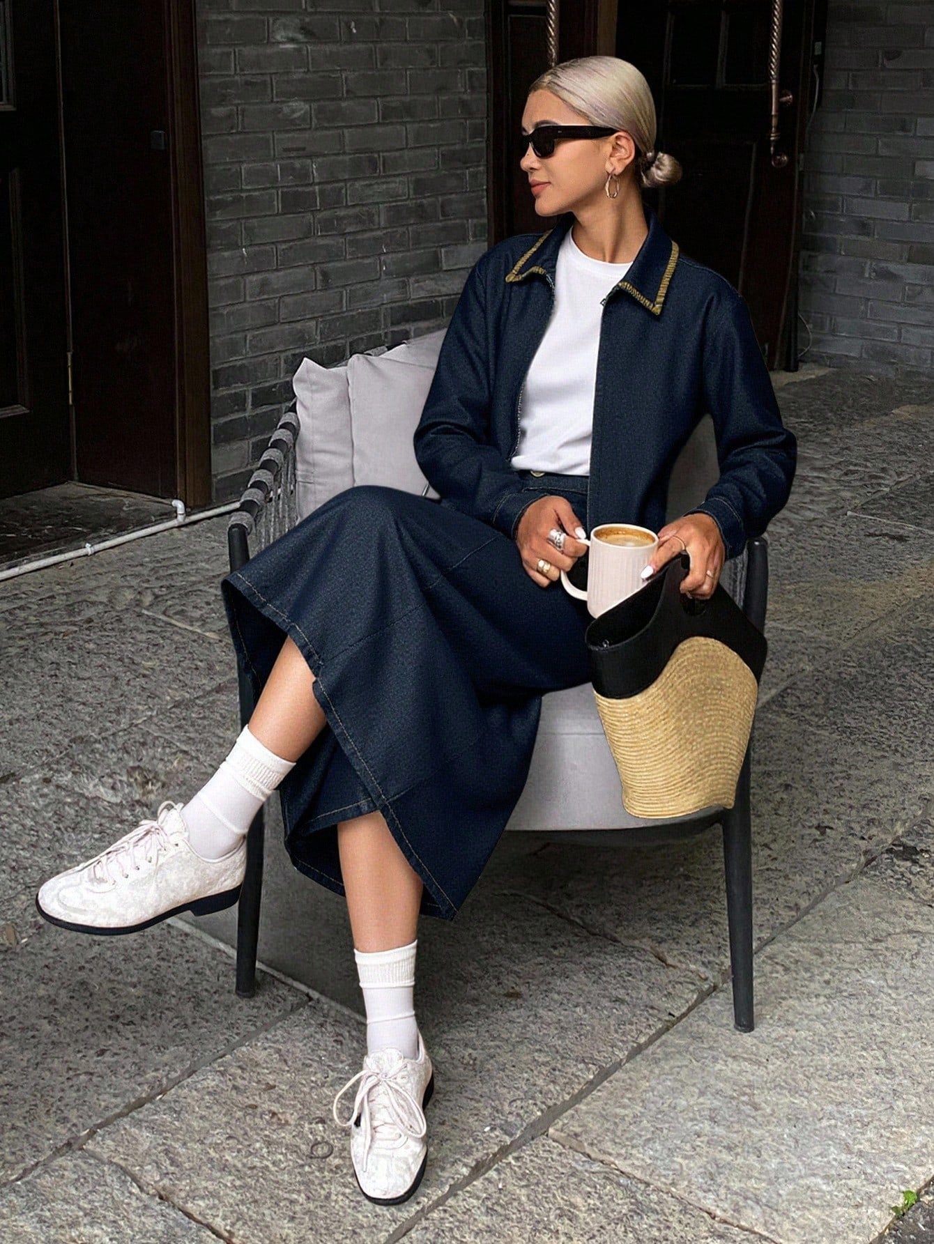 CM-SS509597 Women Elegant Seoul Style Collar Neckline Long Sleeve Colorblock Denim Jacket With Frayed Hem Skirt - Set