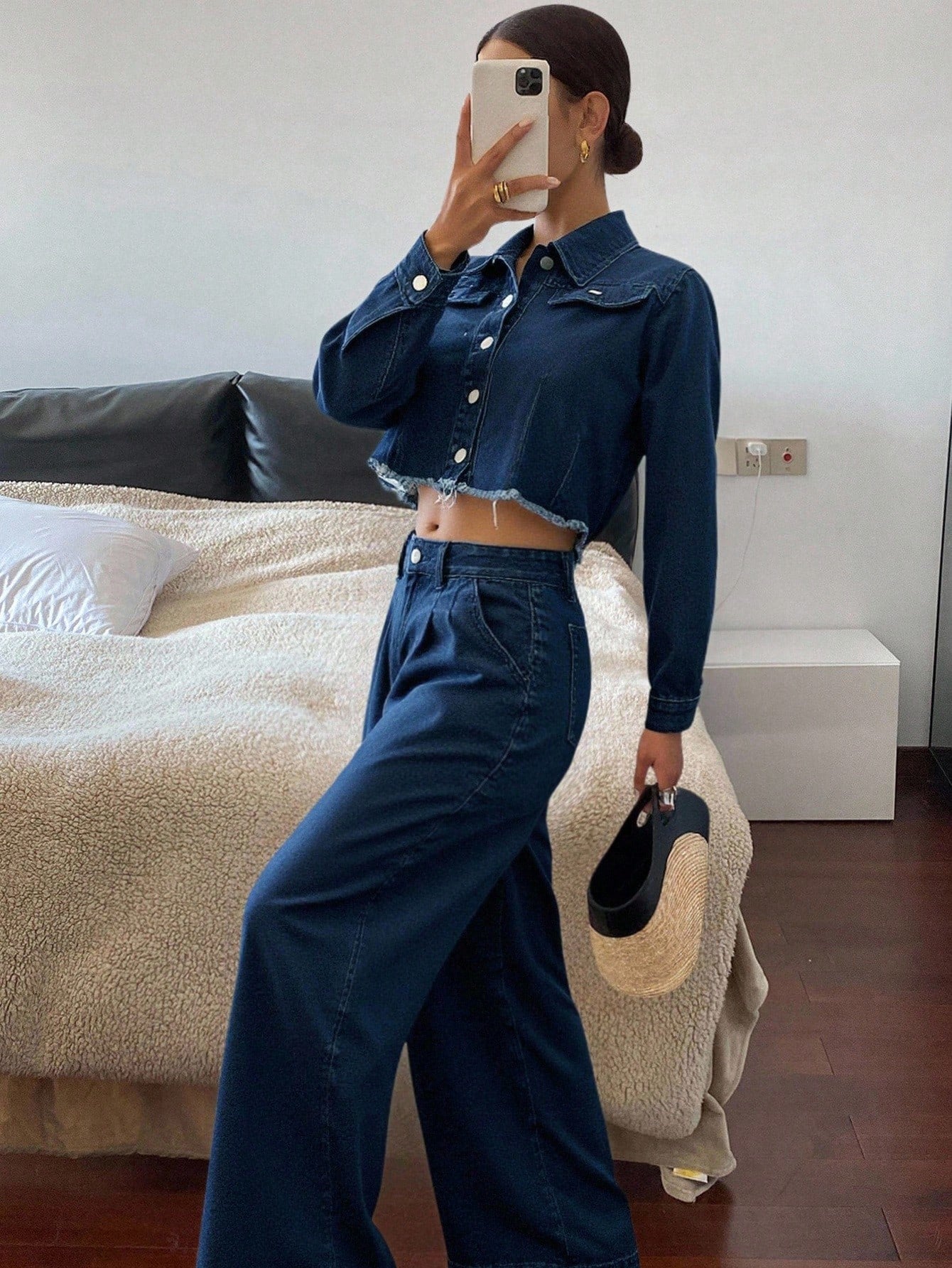 CM-SS052195 Women Casual Seoul Style Collar Neckline Long Sleeve Short Denim Jacket With Straight Leg Wide Pants - Set