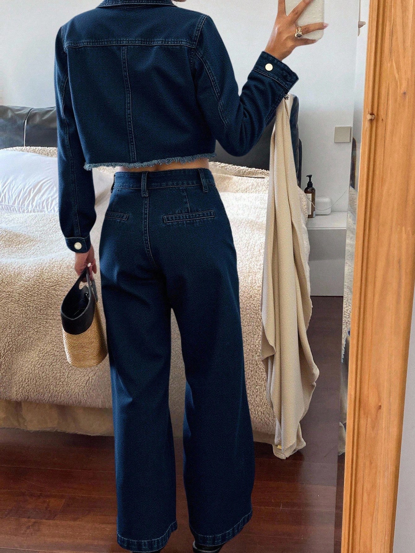 CM-SS052195 Women Casual Seoul Style Collar Neckline Long Sleeve Short Denim Jacket With Straight Leg Wide Pants - Set