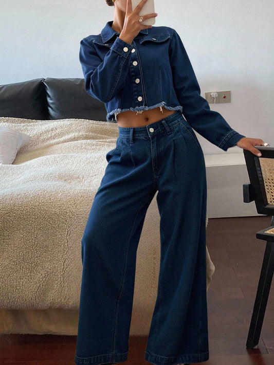 CM-SS052195 Women Casual Seoul Style Collar Neckline Long Sleeve Short Denim Jacket With Straight Leg Wide Pants - Set