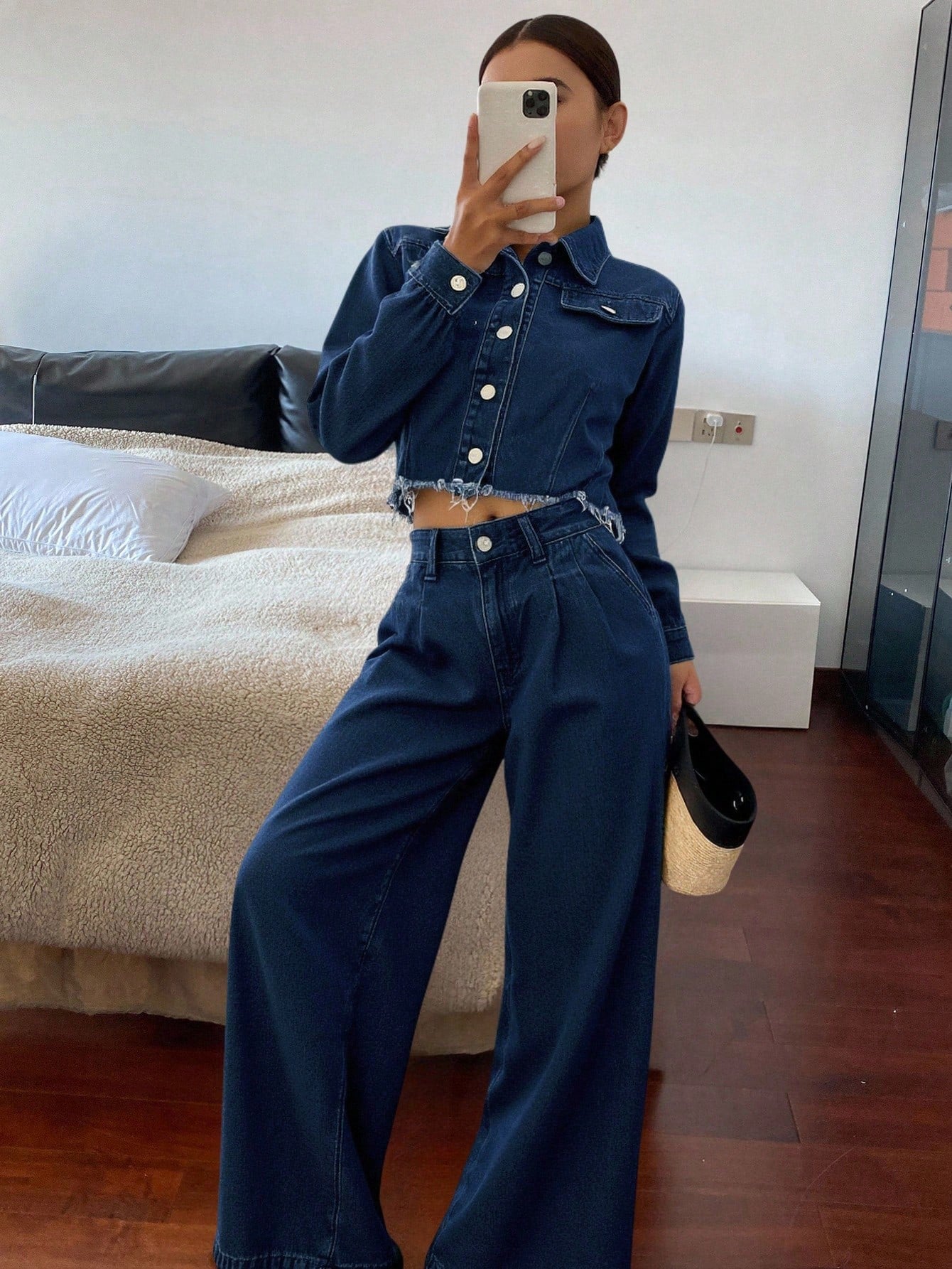 CM-SS052195 Women Casual Seoul Style Collar Neckline Long Sleeve Short Denim Jacket With Straight Leg Wide Pants - Set