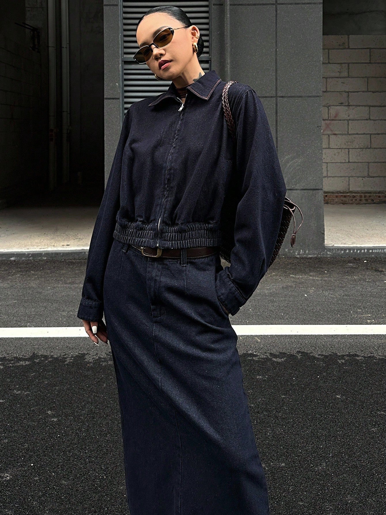CM-SS344430 Women Casual Seoul Style Collar Neckline Long Sleeve Denim Jacket With Maxi Skirt - Set