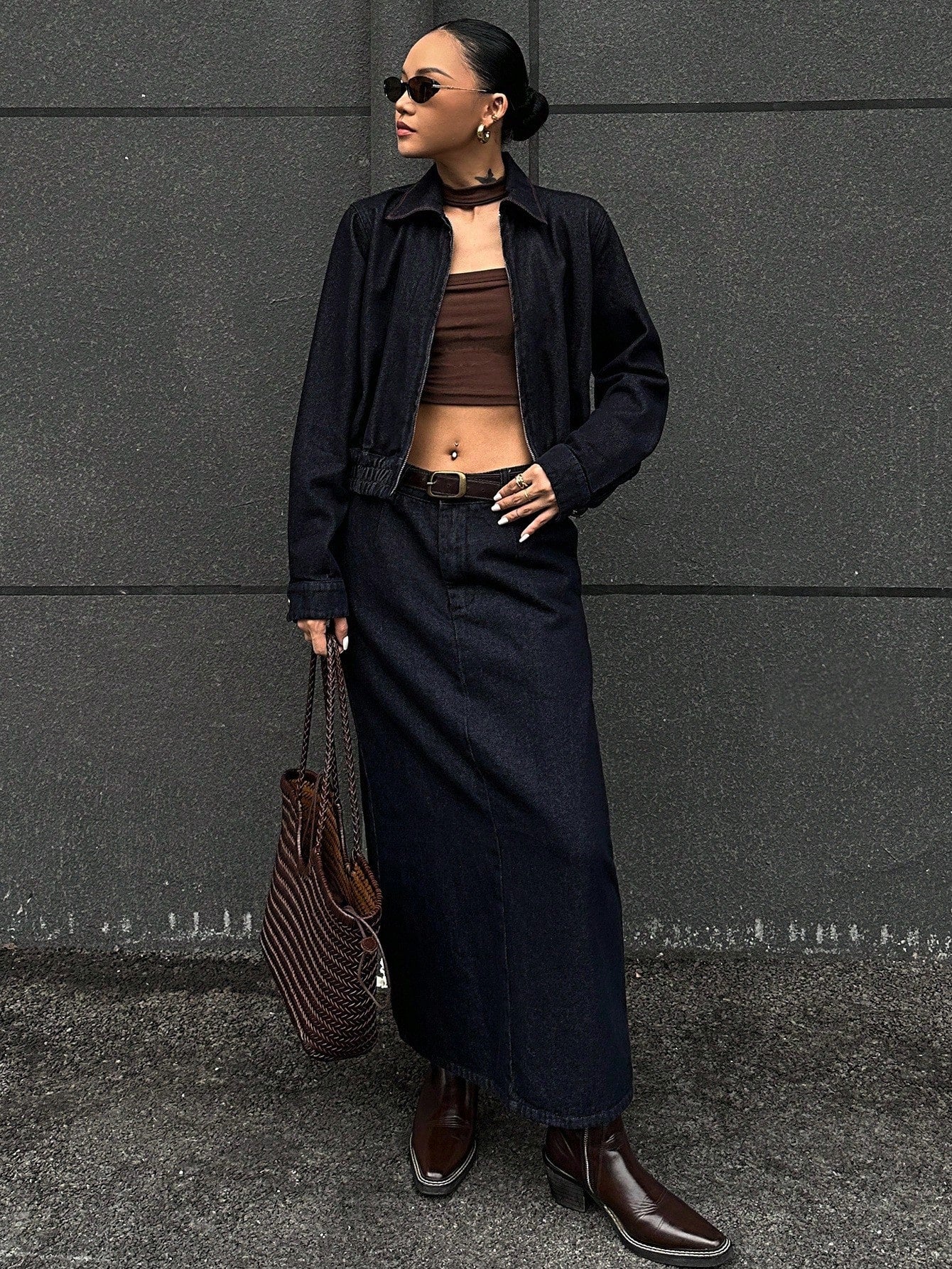 CM-SS344430 Women Casual Seoul Style Collar Neckline Long Sleeve Denim Jacket With Maxi Skirt - Set