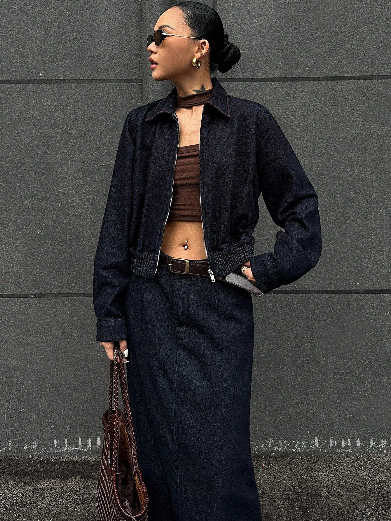 CM-SS344430 Women Casual Seoul Style Collar Neckline Long Sleeve Denim Jacket With Maxi Skirt - Set