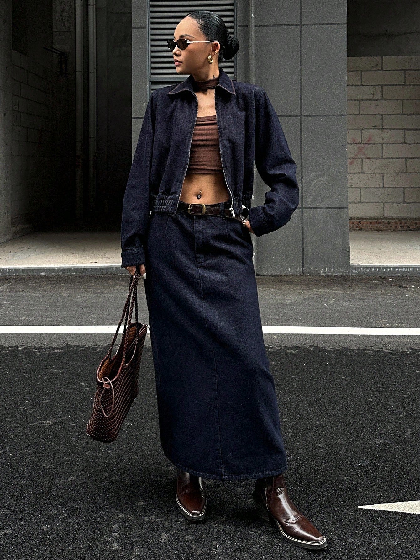 CM-SS344430 Women Casual Seoul Style Collar Neckline Long Sleeve Denim Jacket With Maxi Skirt - Set