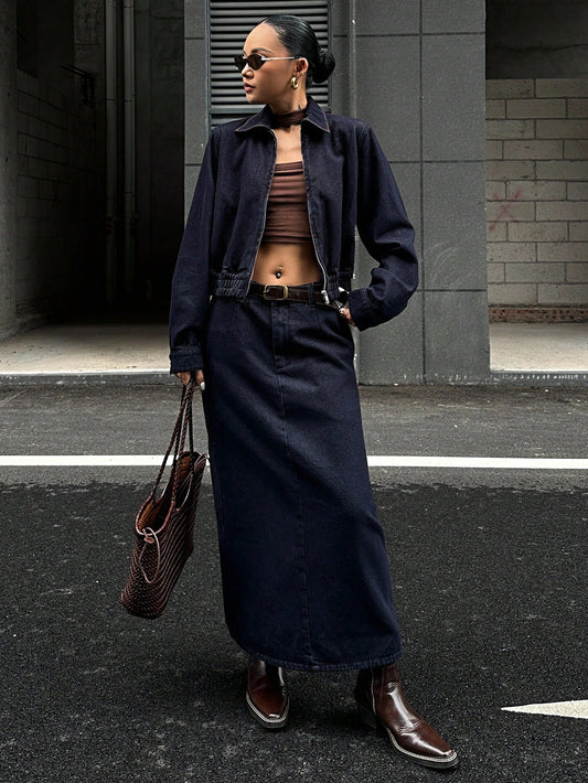 CM-SS344430 Women Casual Seoul Style Collar Neckline Long Sleeve Denim Jacket With Maxi Skirt - Set