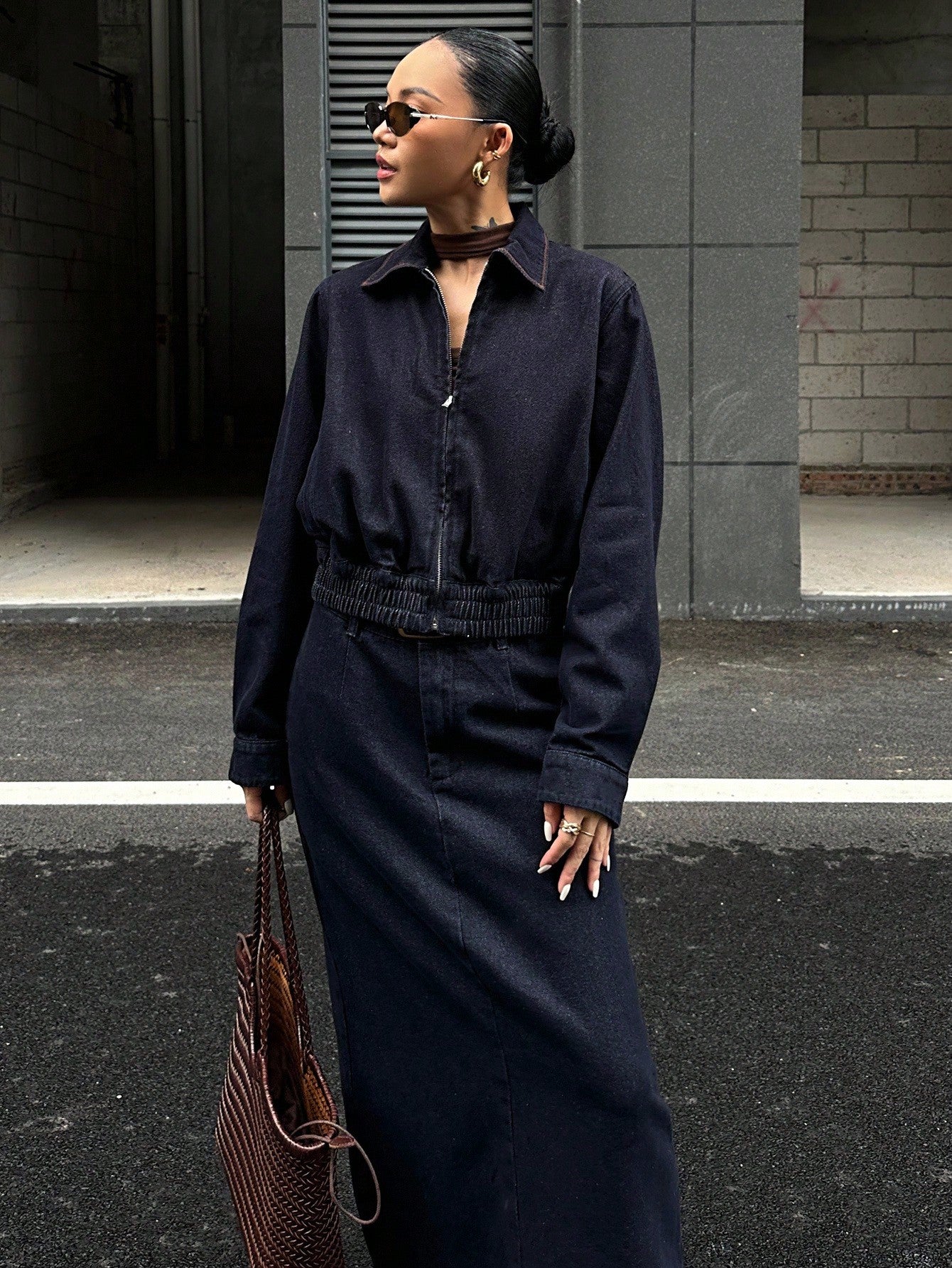 CM-SS344430 Women Casual Seoul Style Collar Neckline Long Sleeve Denim Jacket With Maxi Skirt - Set