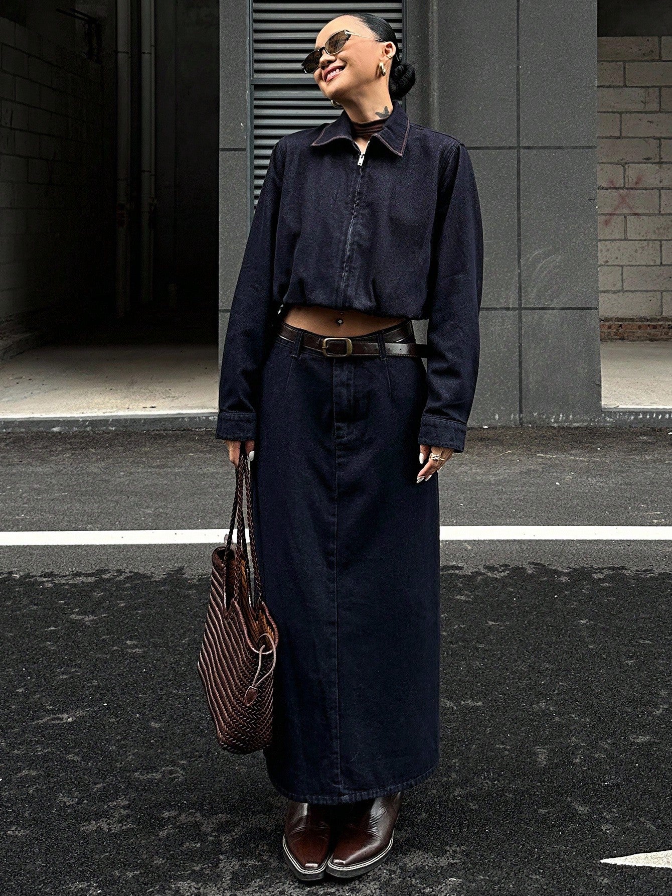 CM-SS344430 Women Casual Seoul Style Collar Neckline Long Sleeve Denim Jacket With Maxi Skirt - Set