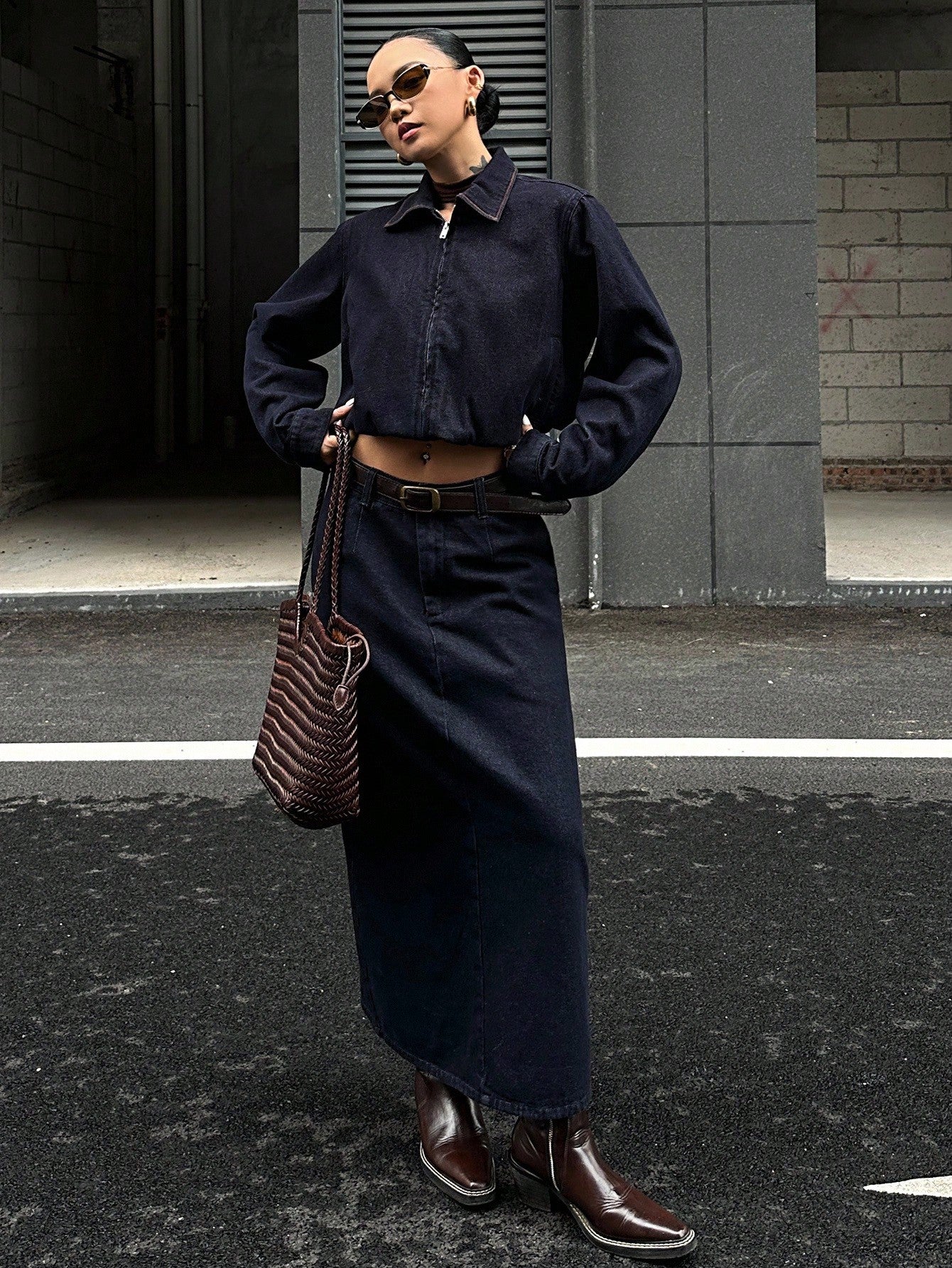 CM-SS344430 Women Casual Seoul Style Collar Neckline Long Sleeve Denim Jacket With Maxi Skirt - Set