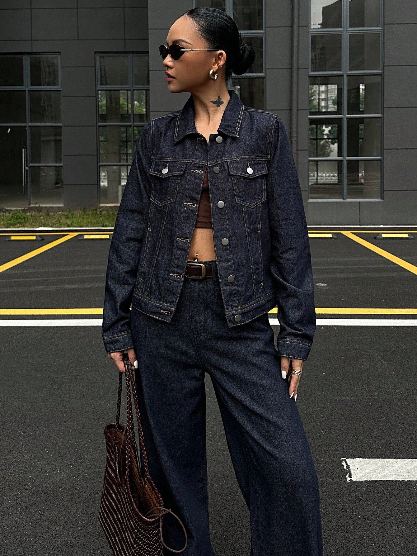 CM-SS162173 Women Casual Seoul Style Collar Neckline Long Sleeve Washed Denim Jacket With Wide Leg Pants - Set