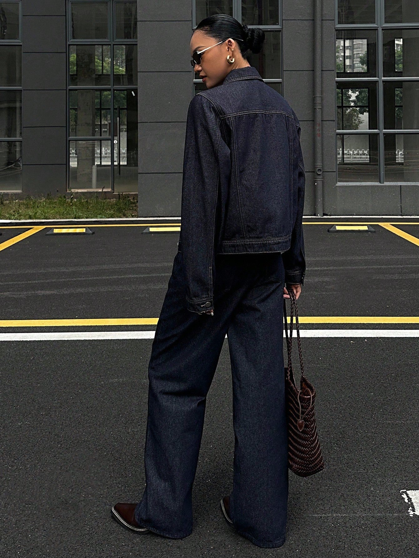 CM-SS162173 Women Casual Seoul Style Collar Neckline Long Sleeve Washed Denim Jacket With Wide Leg Pants - Set