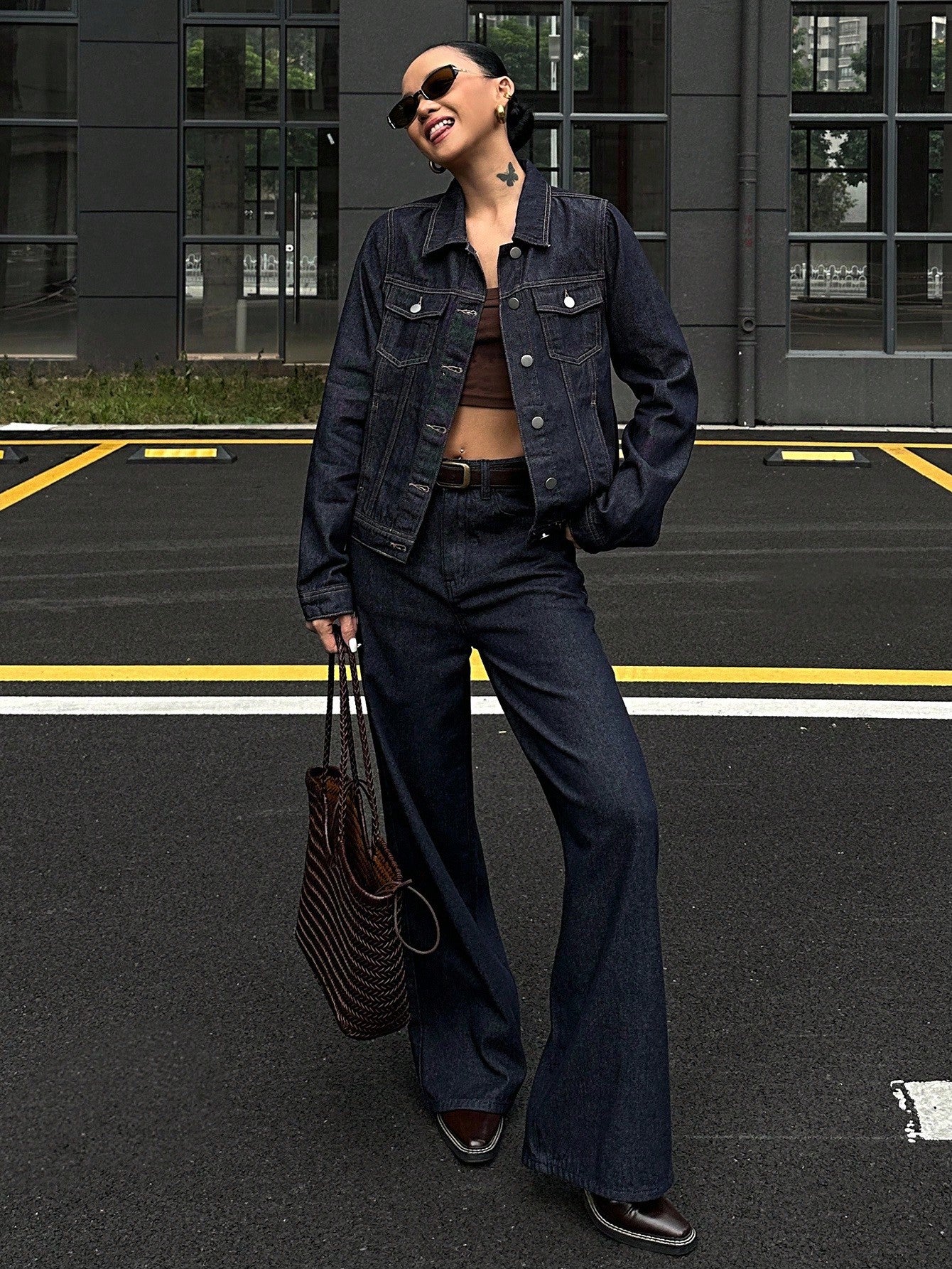 CM-SS162173 Women Casual Seoul Style Collar Neckline Long Sleeve Washed Denim Jacket With Wide Leg Pants - Set