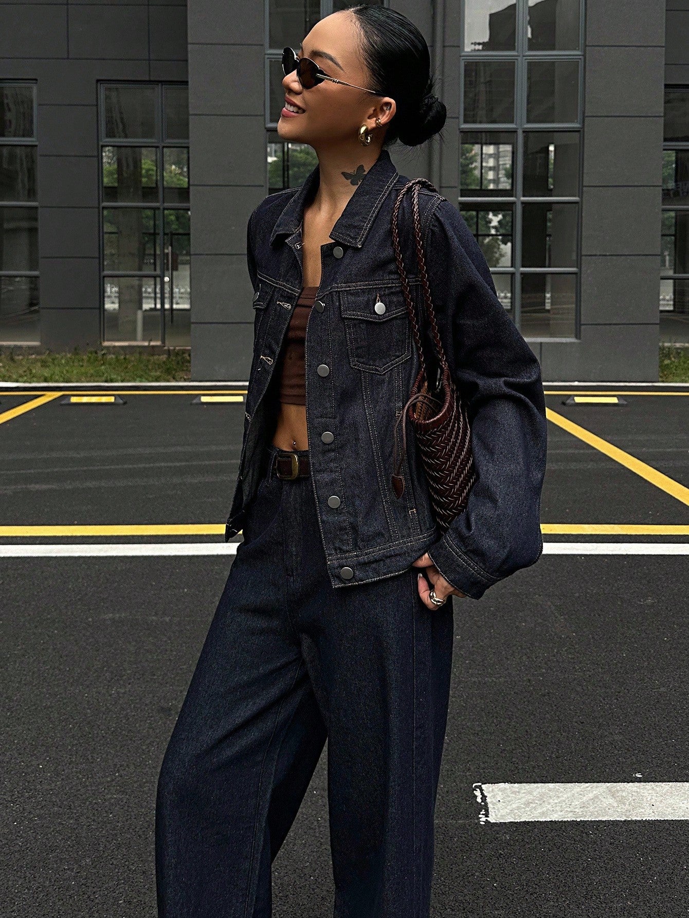 CM-SS162173 Women Casual Seoul Style Collar Neckline Long Sleeve Washed Denim Jacket With Wide Leg Pants - Set