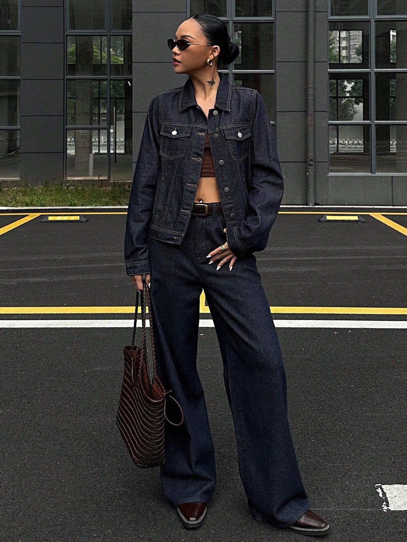 CM-SS162173 Women Casual Seoul Style Collar Neckline Long Sleeve Washed Denim Jacket With Wide Leg Pants - Set