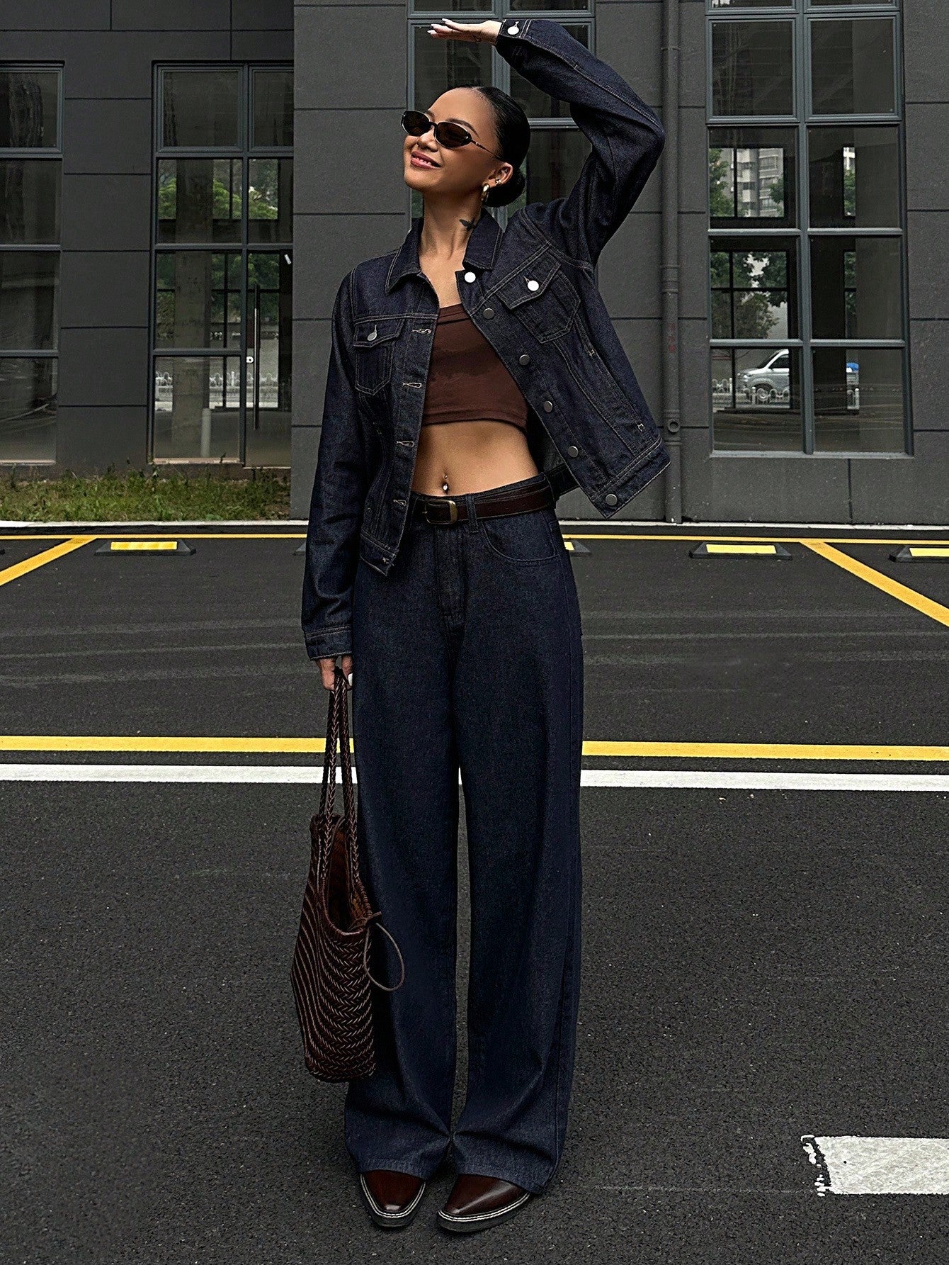 CM-SS162173 Women Casual Seoul Style Collar Neckline Long Sleeve Washed Denim Jacket With Wide Leg Pants - Set