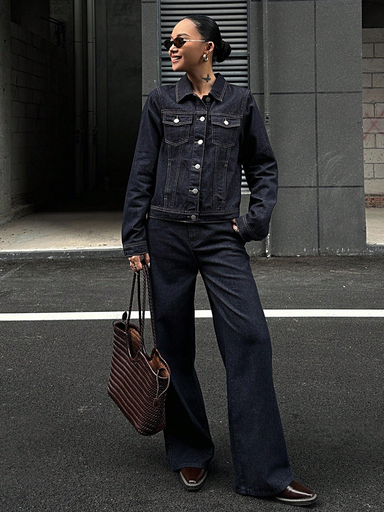 CM-SS162173 Women Casual Seoul Style Collar Neckline Long Sleeve Washed Denim Jacket With Wide Leg Pants - Set