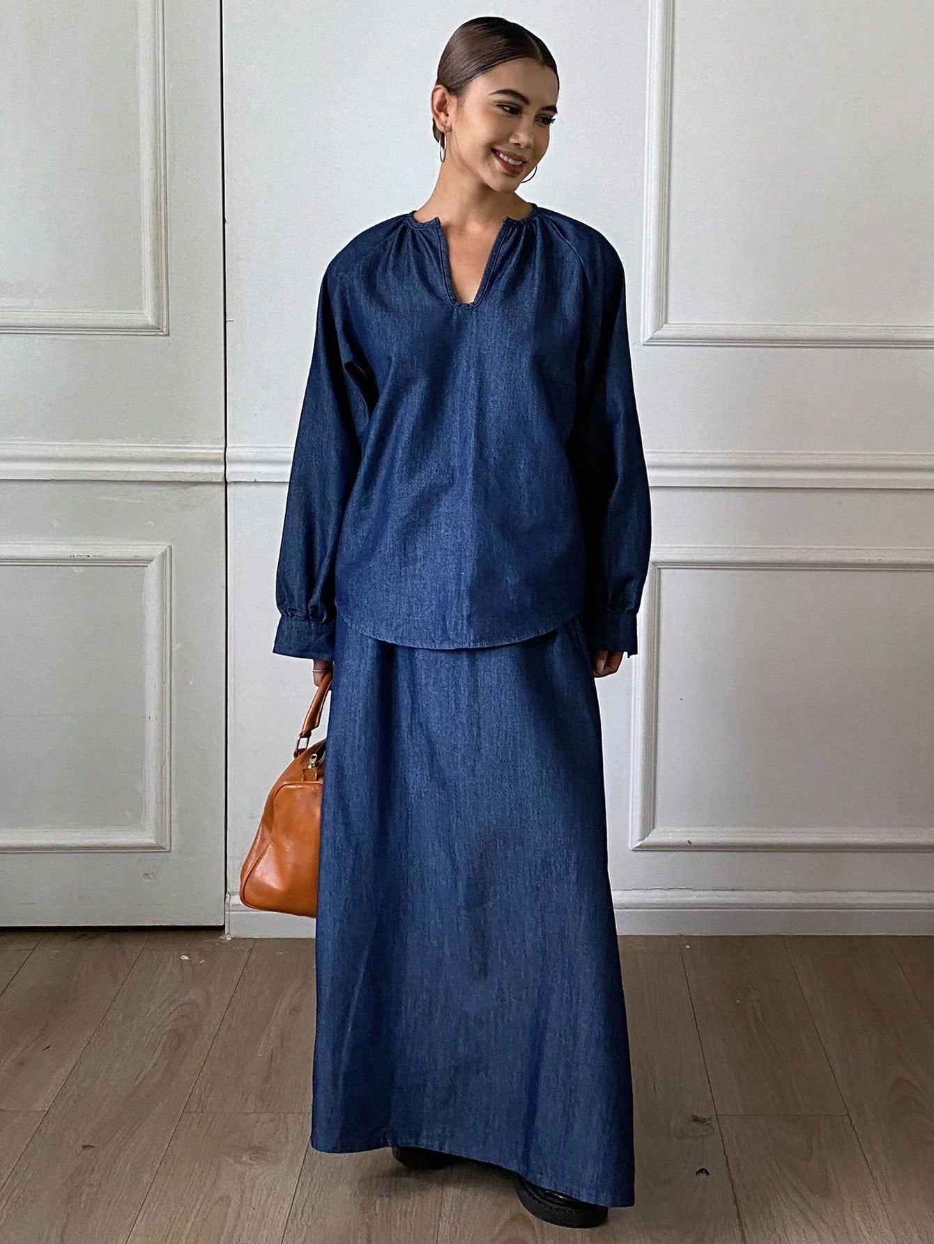 CM-SS885355 Women Casual Seoul Style Loose V-Neck Long Sleeve Oversized Denim Blouse With Maxi Skirt - Set