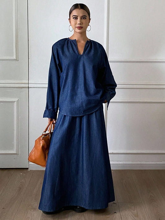 CM-SS885355 Women Casual Seoul Style Loose V-Neck Long Sleeve Oversized Denim Blouse With Maxi Skirt - Set