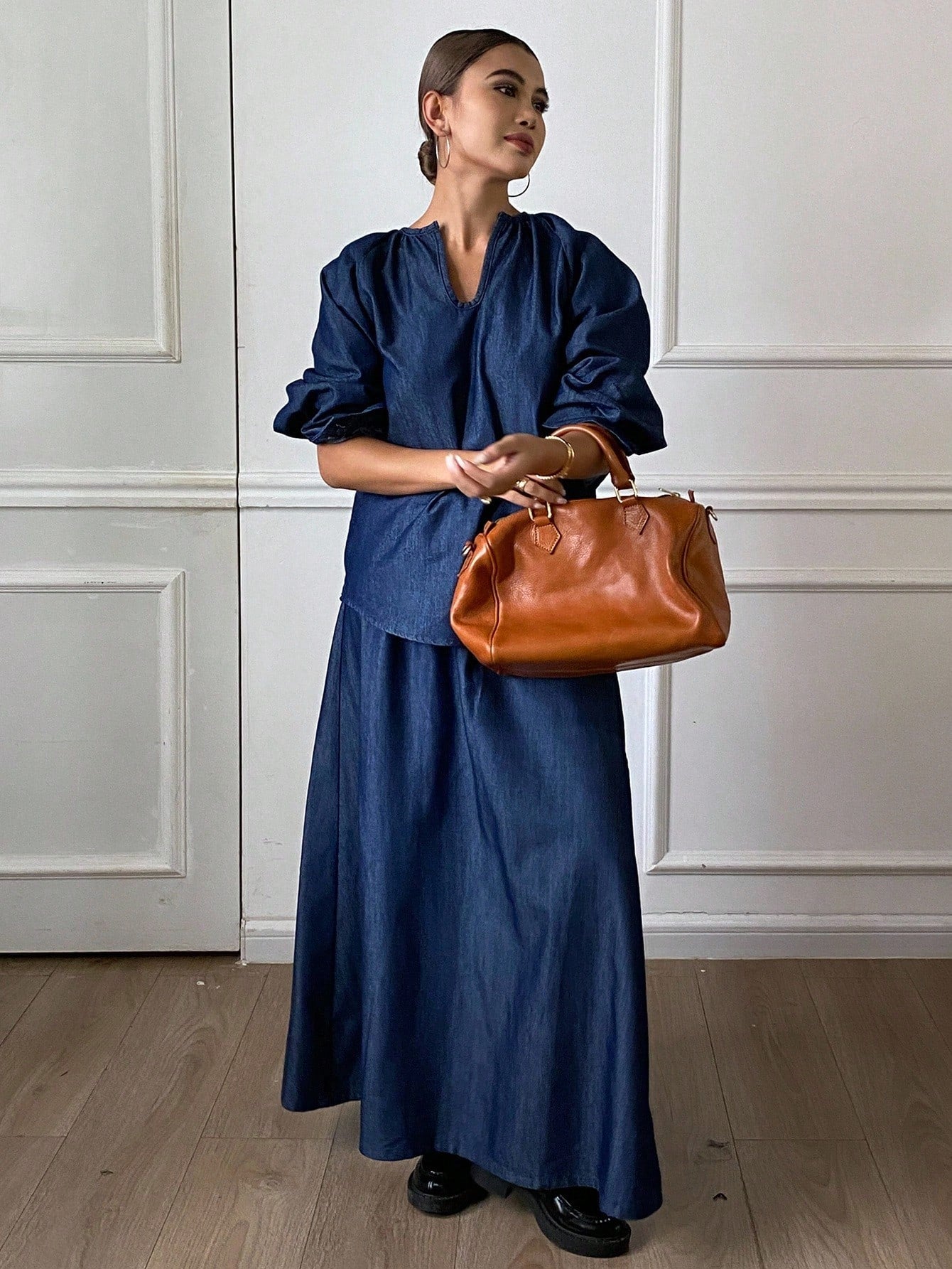 CM-SS885355 Women Casual Seoul Style Loose V-Neck Long Sleeve Oversized Denim Blouse With Maxi Skirt - Set
