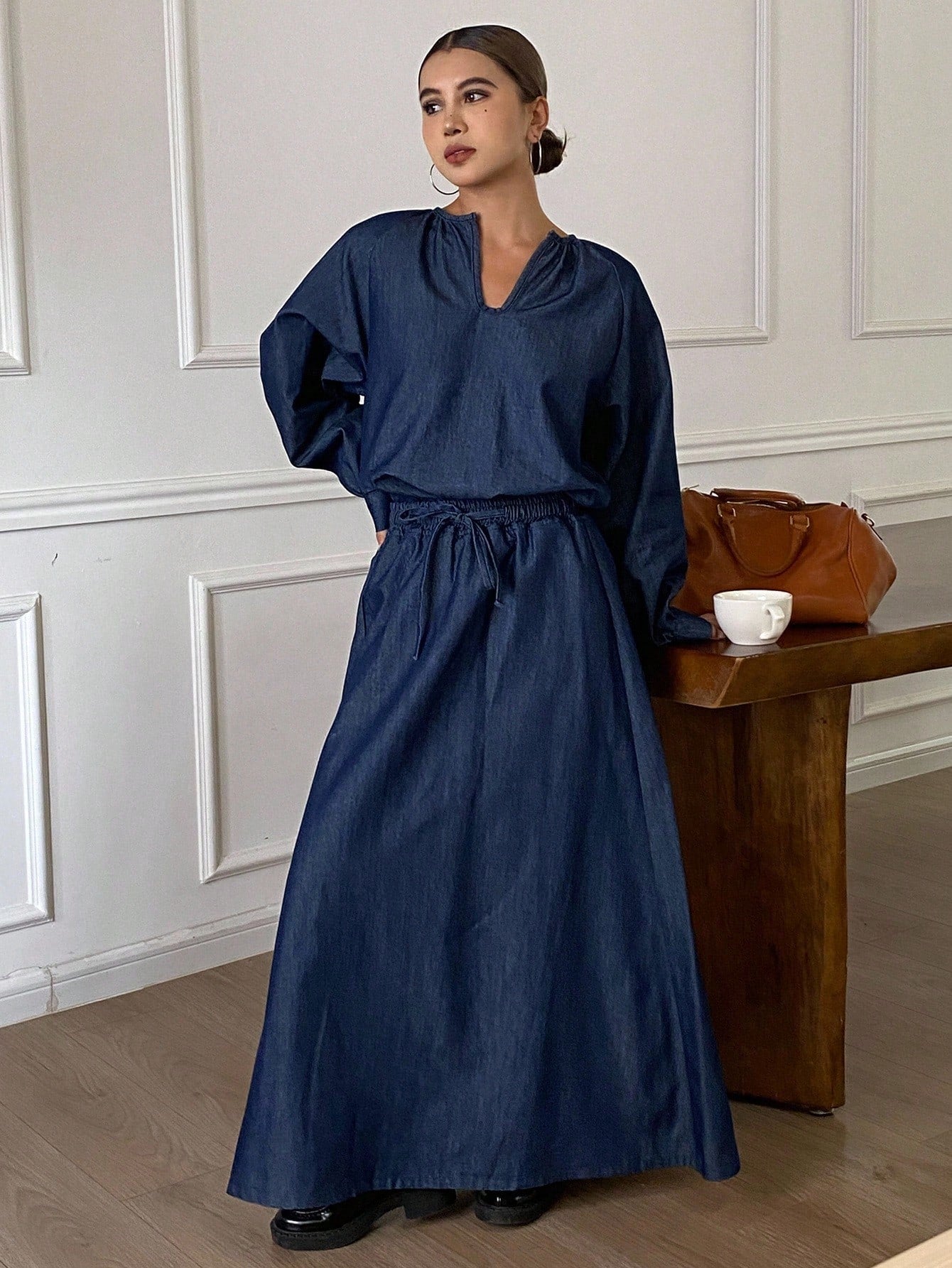 CM-SS885355 Women Casual Seoul Style Loose V-Neck Long Sleeve Oversized Denim Blouse With Maxi Skirt - Set