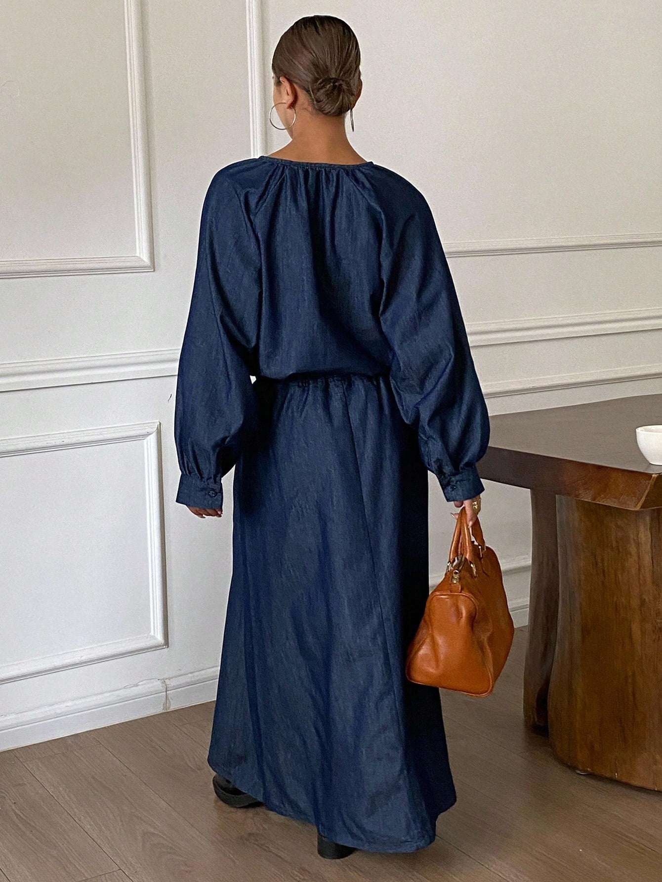 CM-SS885355 Women Casual Seoul Style Loose V-Neck Long Sleeve Oversized Denim Blouse With Maxi Skirt - Set