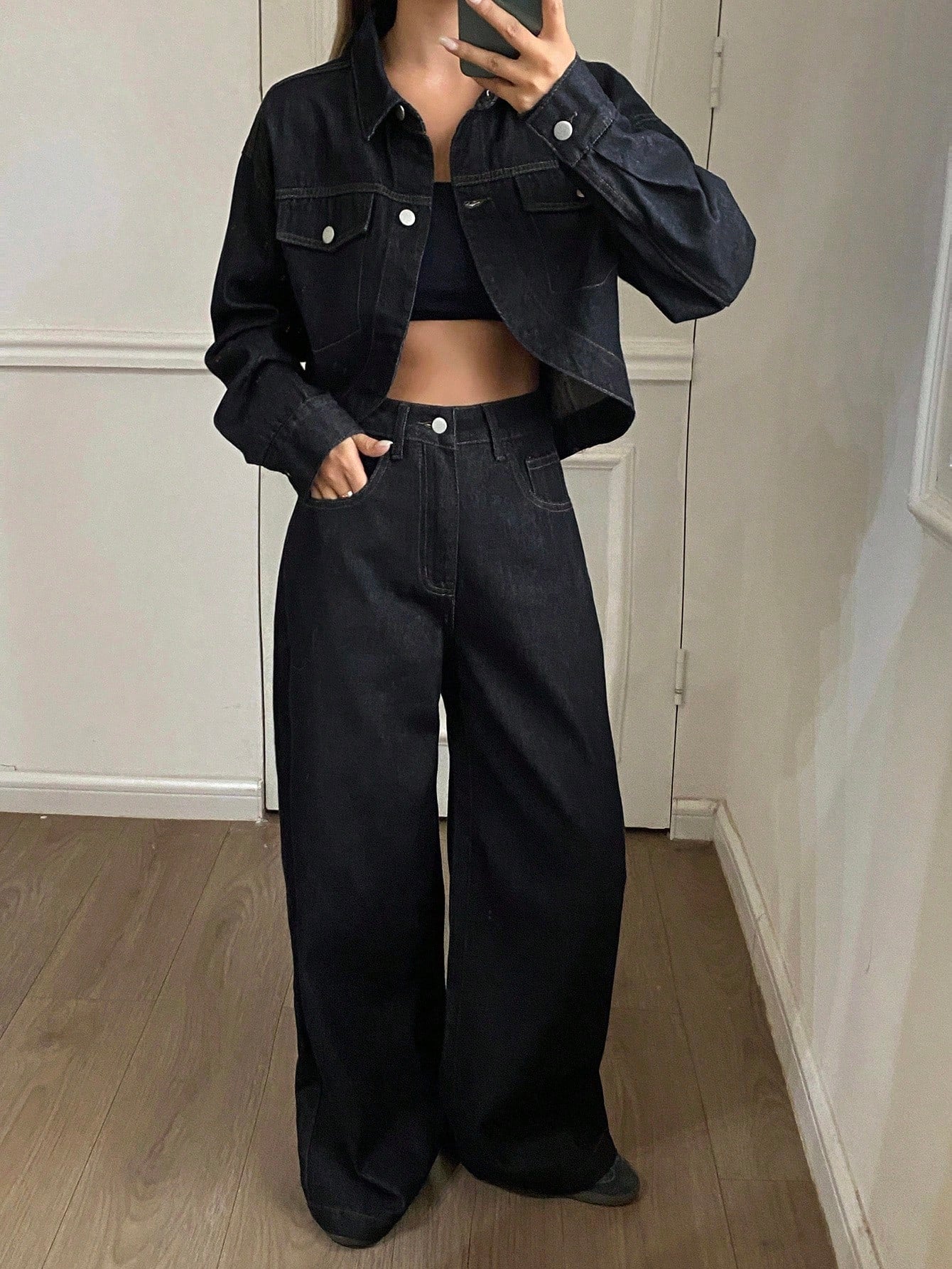 CM-SS699692 Women Casual Seoul Style Collar Neckline Long Sleeve Denim Jacket With Straight Leg Jeans - Set