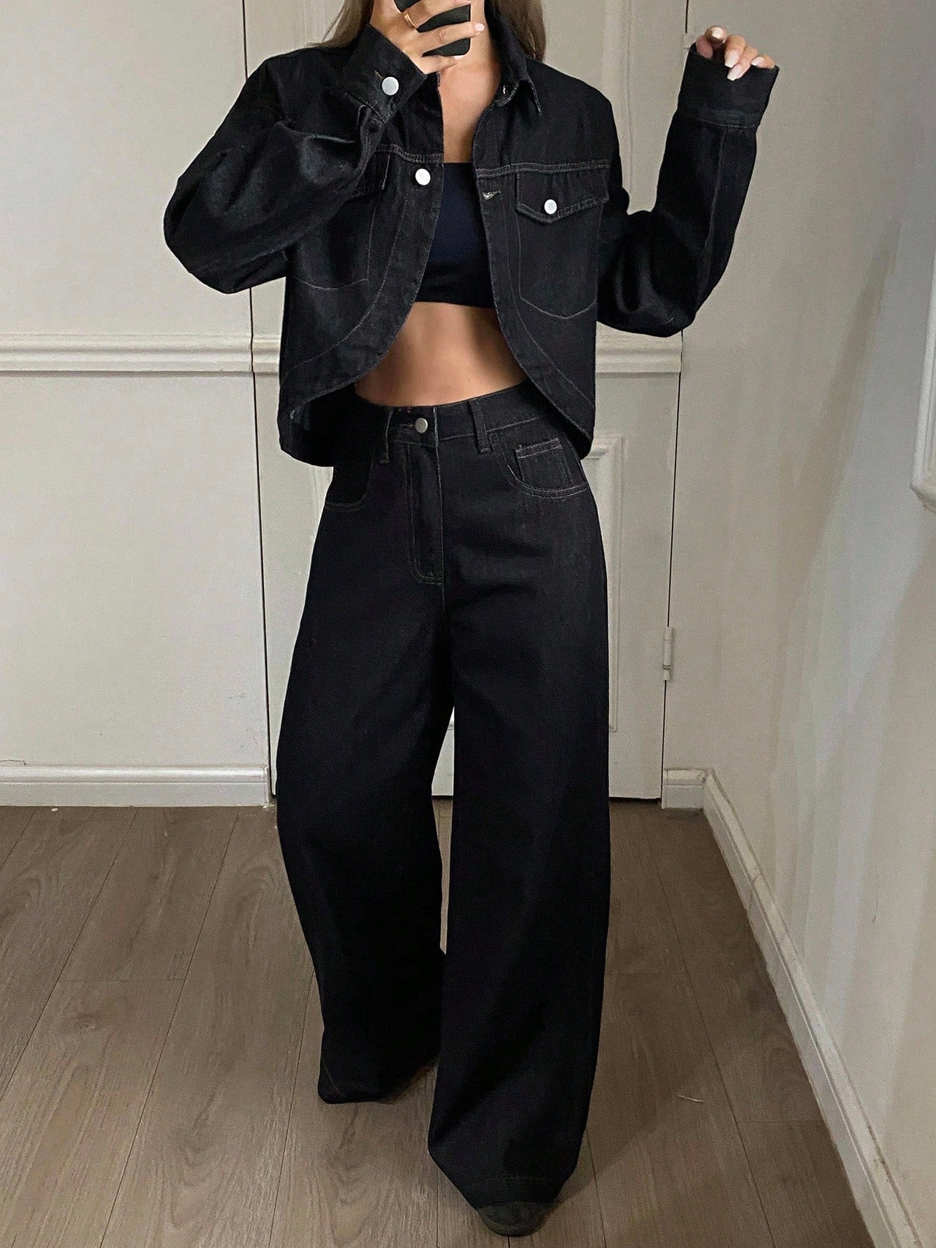 CM-SS699692 Women Casual Seoul Style Collar Neckline Long Sleeve Denim Jacket With Straight Leg Jeans - Set