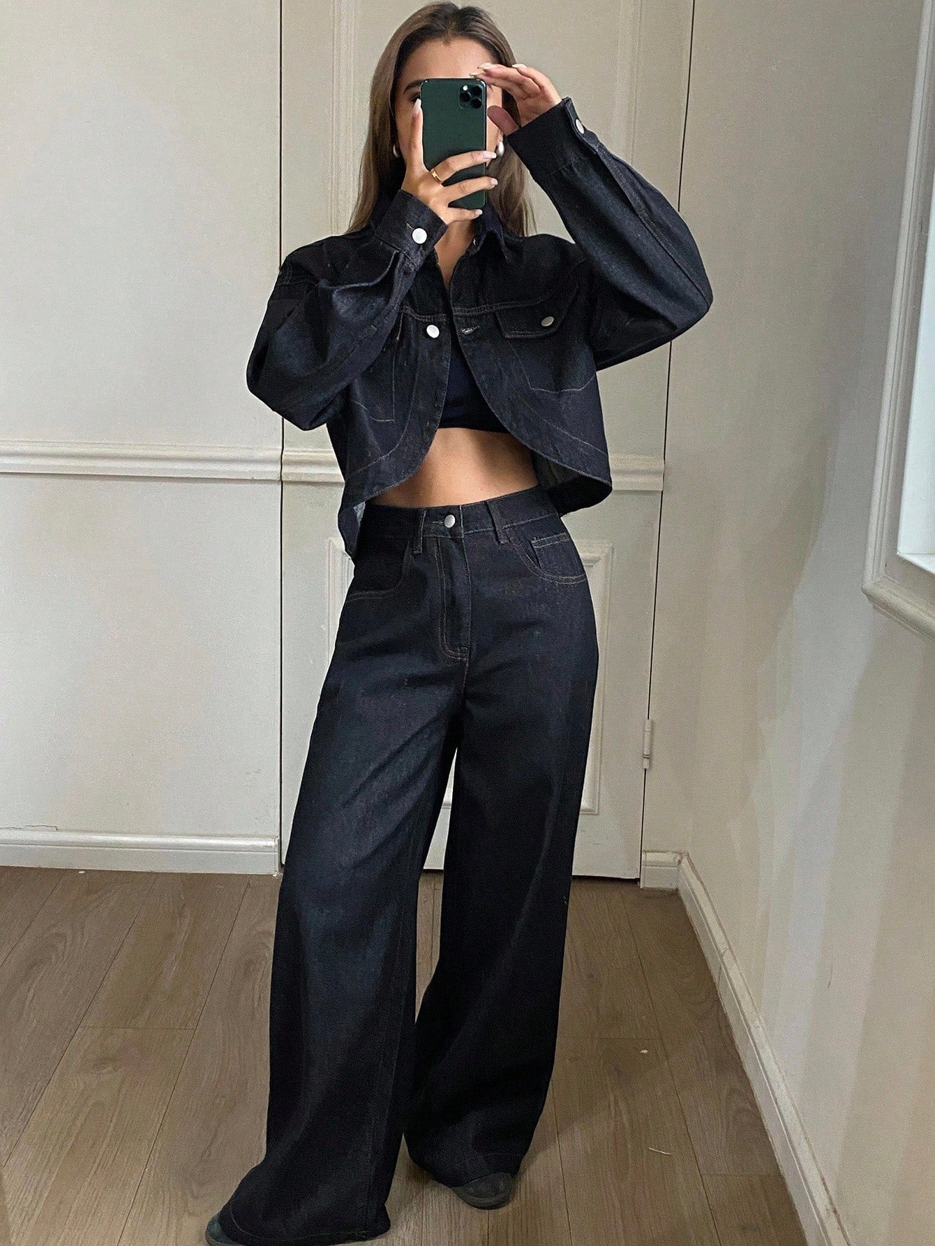 CM-SS699692 Women Casual Seoul Style Collar Neckline Long Sleeve Denim Jacket With Straight Leg Jeans - Set