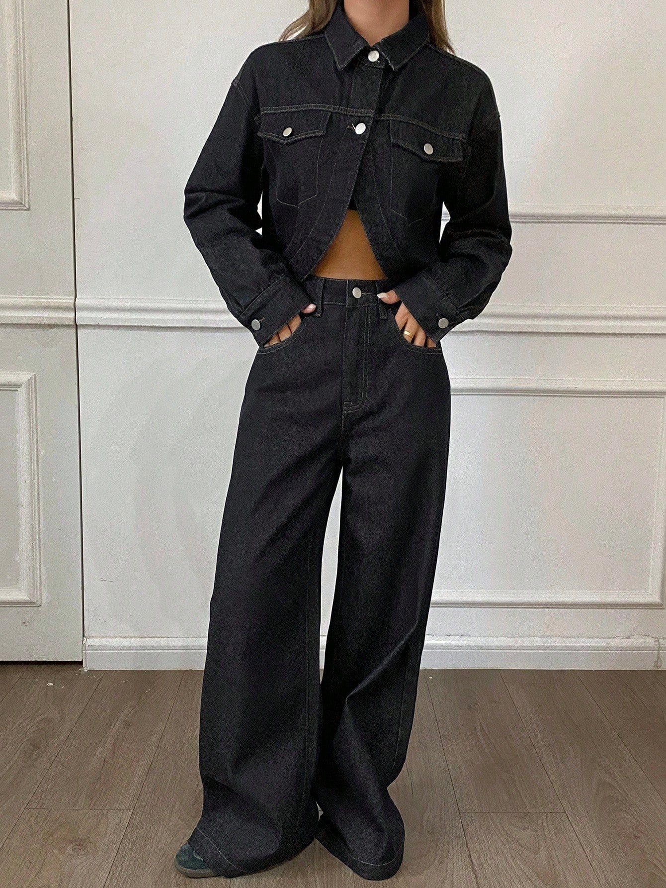 CM-SS699692 Women Casual Seoul Style Collar Neckline Long Sleeve Denim Jacket With Straight Leg Jeans - Set