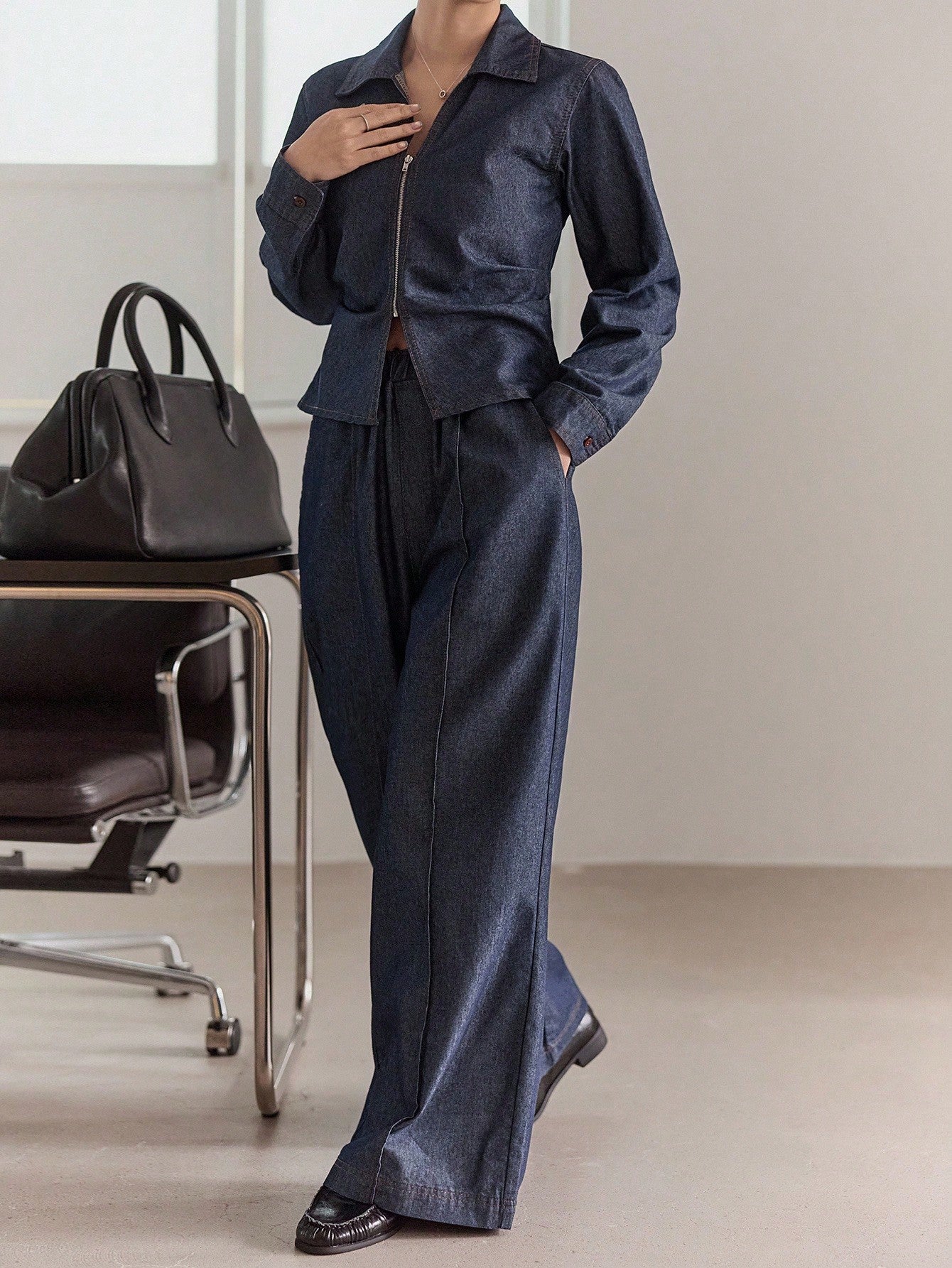 CM-SS609507 Women Casual Seoul Style Dark Wash Collared Long Sleeve Denim Top With Wide Leg Pants - Set