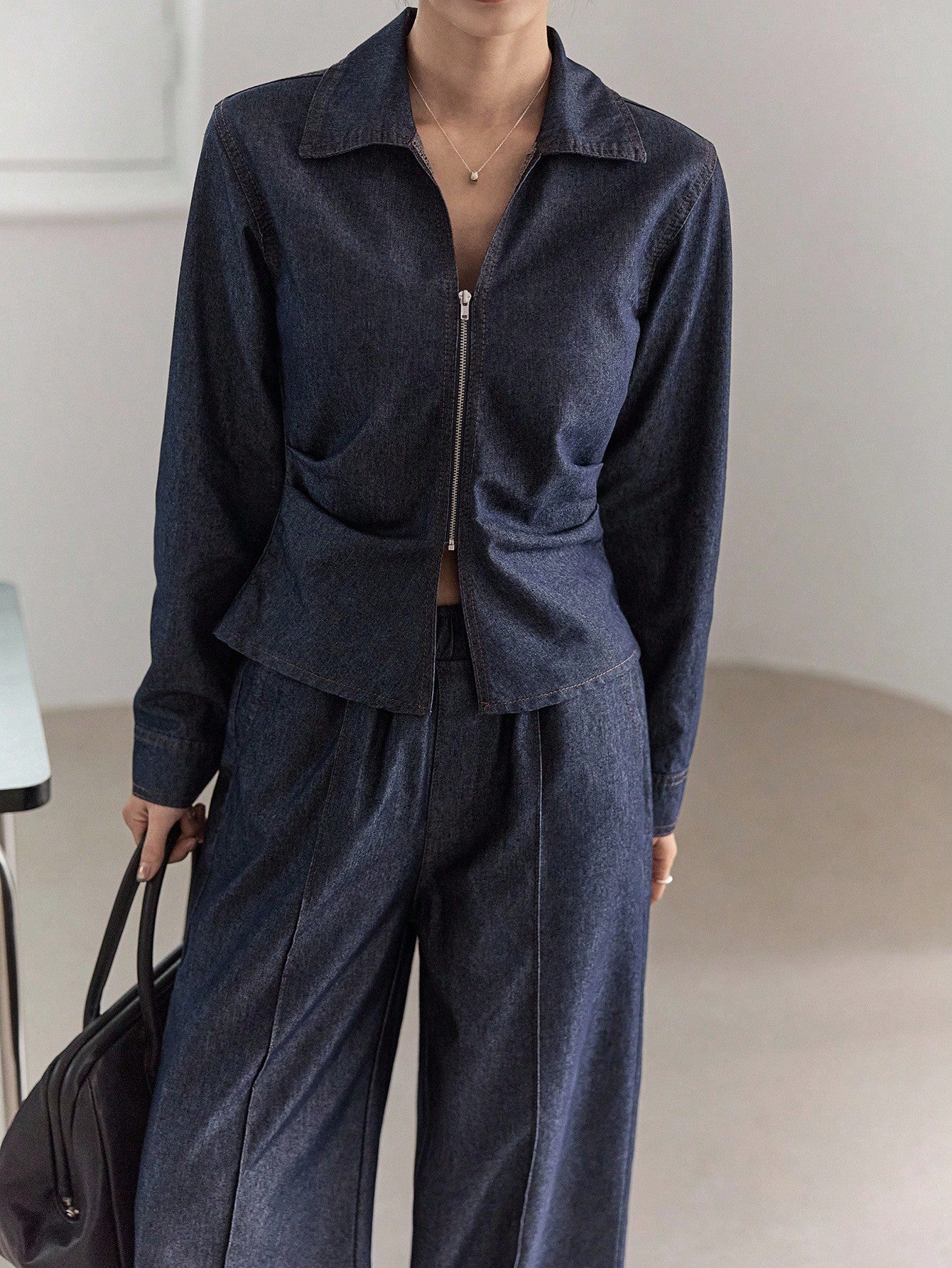 CM-SS609507 Women Casual Seoul Style Dark Wash Collared Long Sleeve Denim Top With Wide Leg Pants - Set