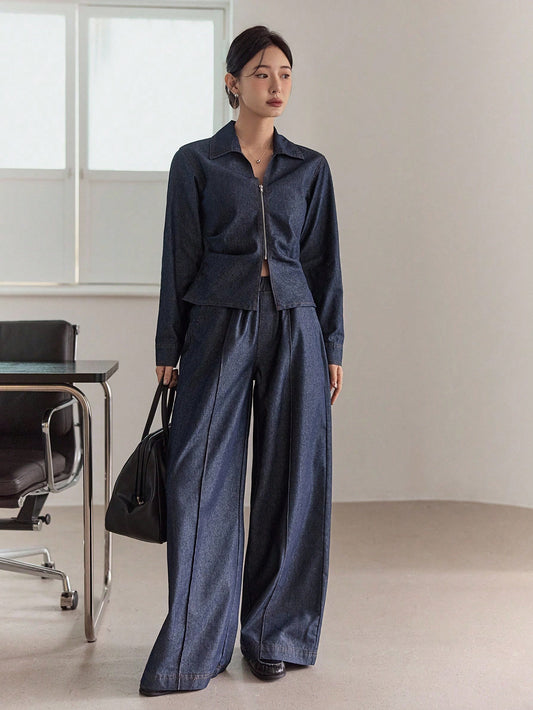 CM-SS609507 Women Casual Seoul Style Dark Wash Collared Long Sleeve Denim Top With Wide Leg Pants - Set