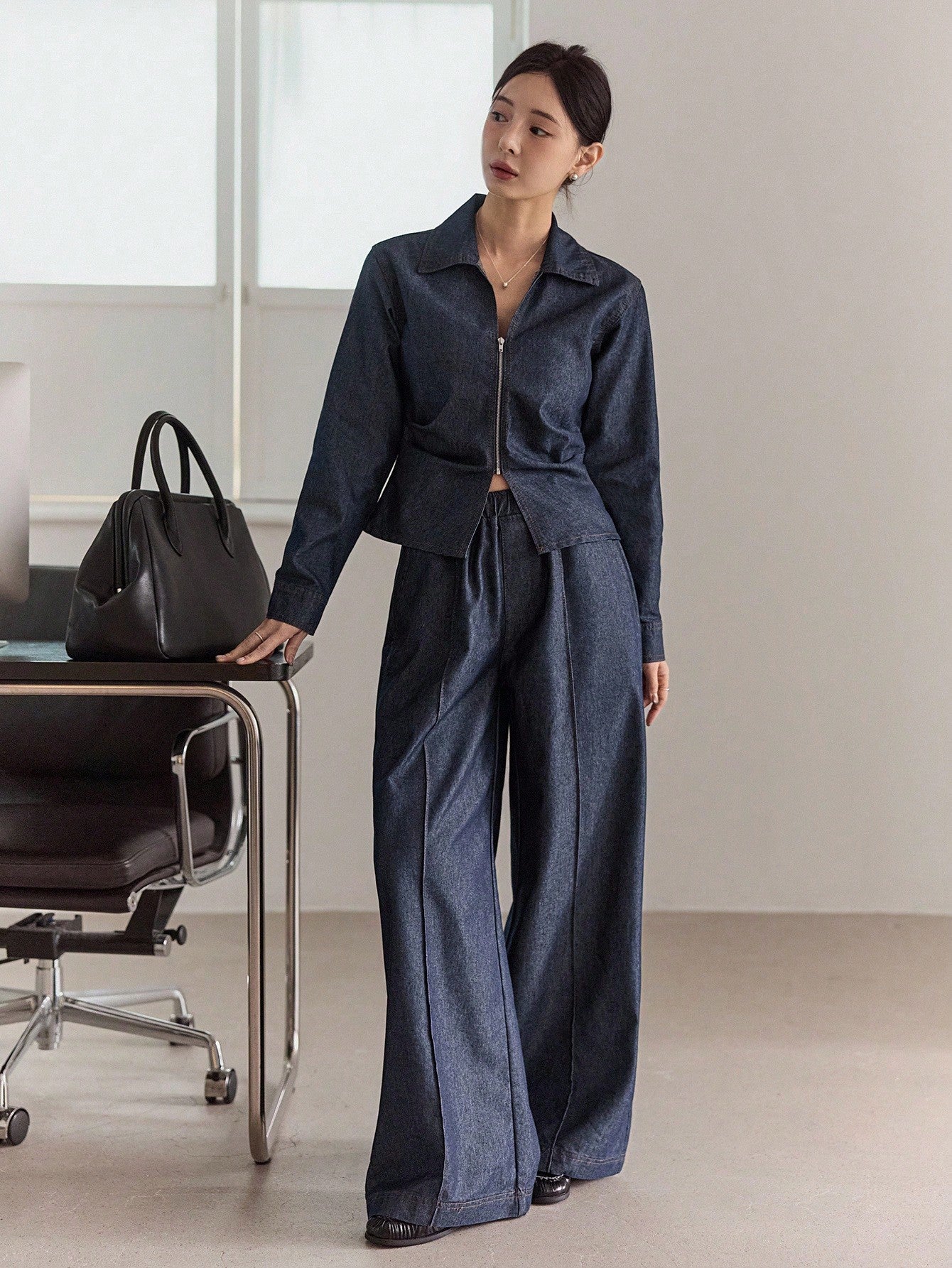 CM-SS609507 Women Casual Seoul Style Dark Wash Collared Long Sleeve Denim Top With Wide Leg Pants - Set