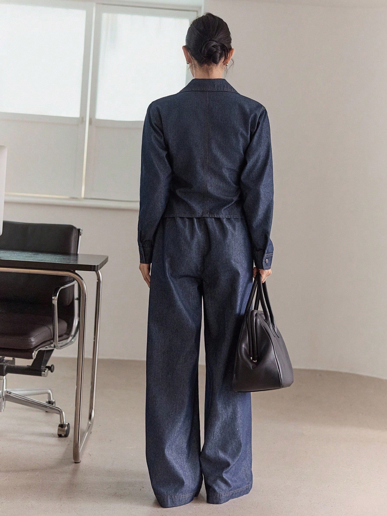CM-SS609507 Women Casual Seoul Style Dark Wash Collared Long Sleeve Denim Top With Wide Leg Pants - Set